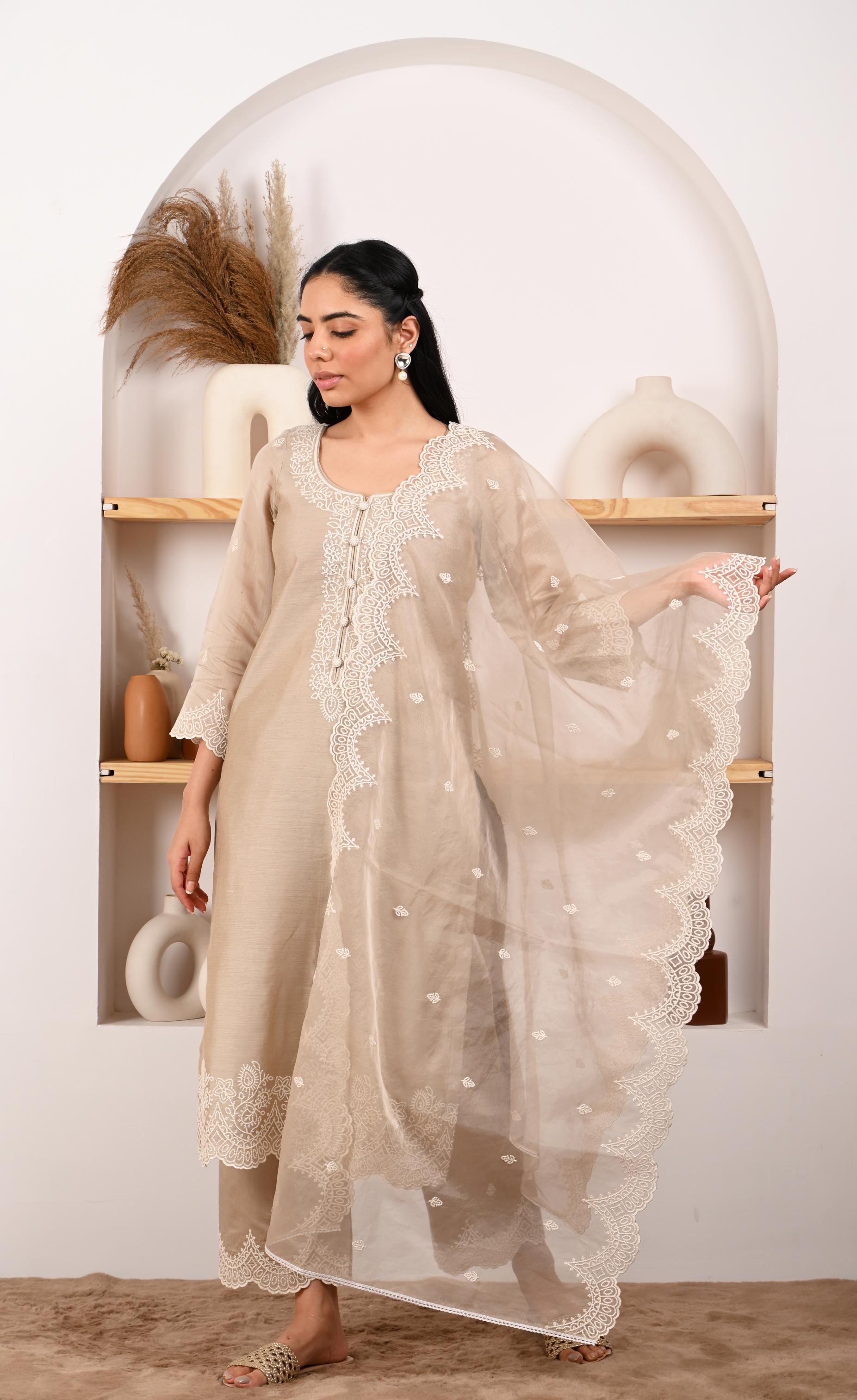 Hazel Beige Chanderi Suit Set- NV