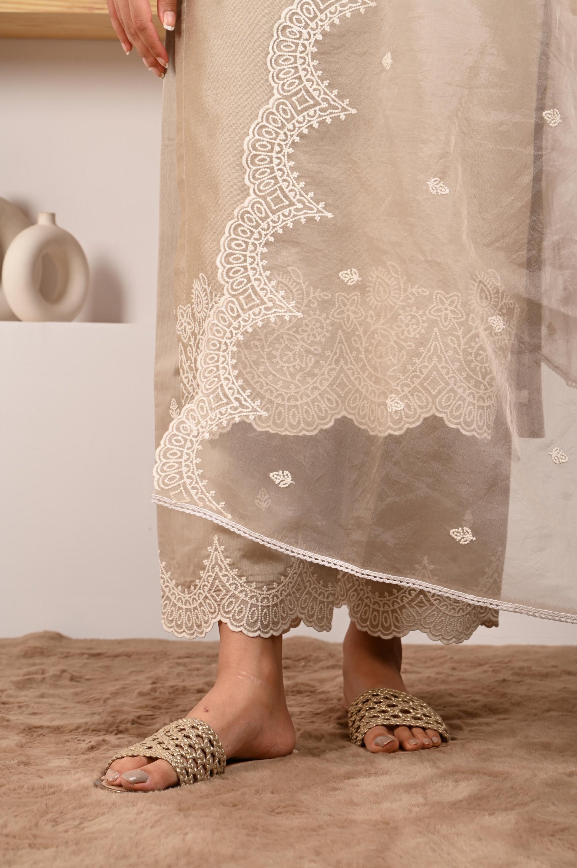 Hazel Beige Chanderi Suit Set- NV