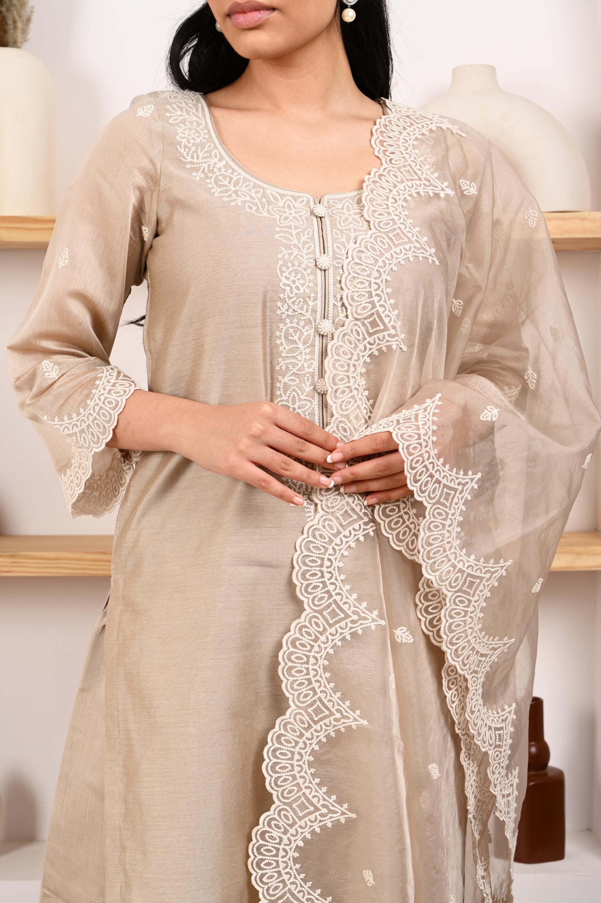 Hazel Beige Chanderi Suit Set- NV