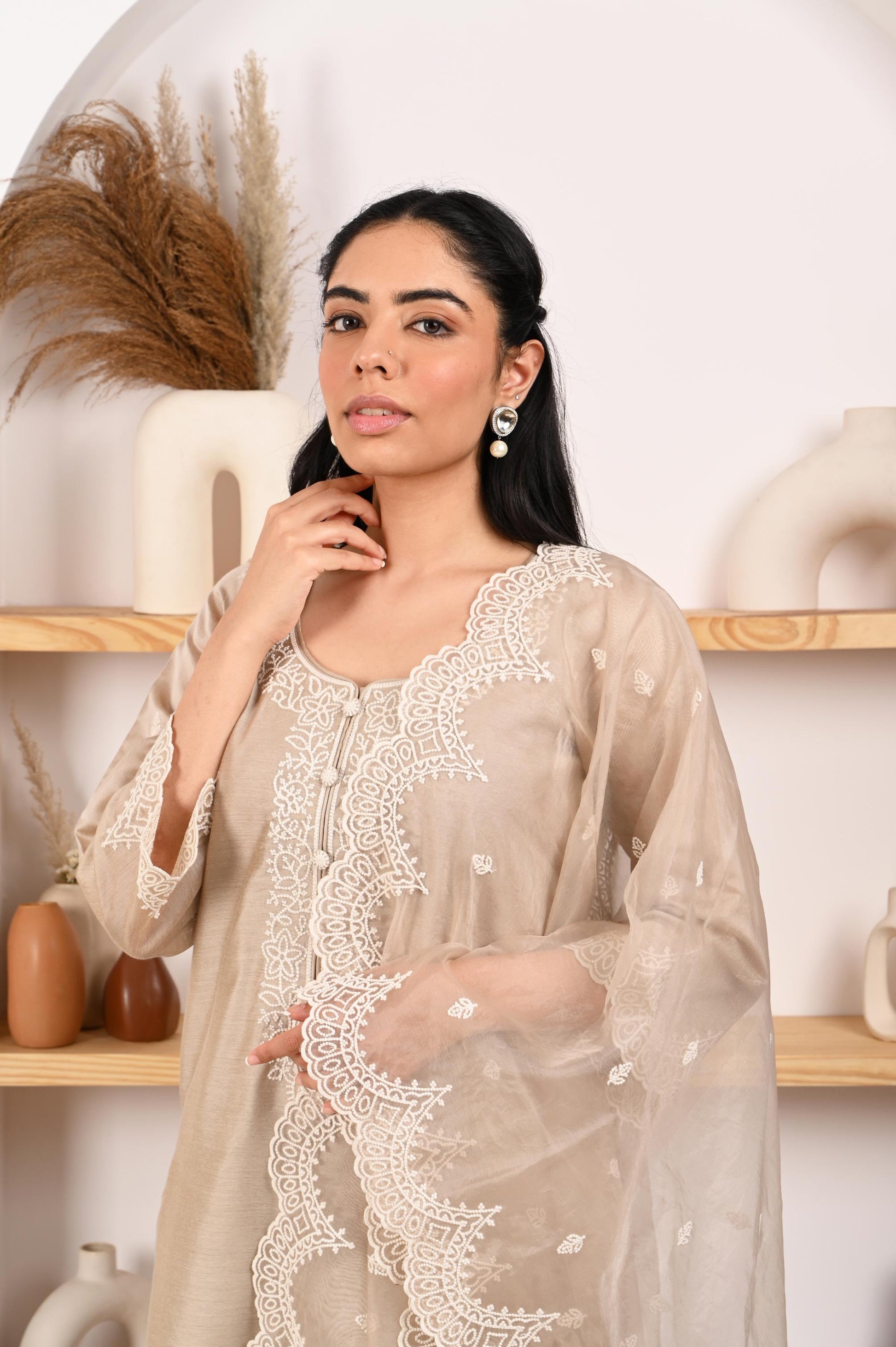 Hazel Beige Chanderi Suit Set- NV
