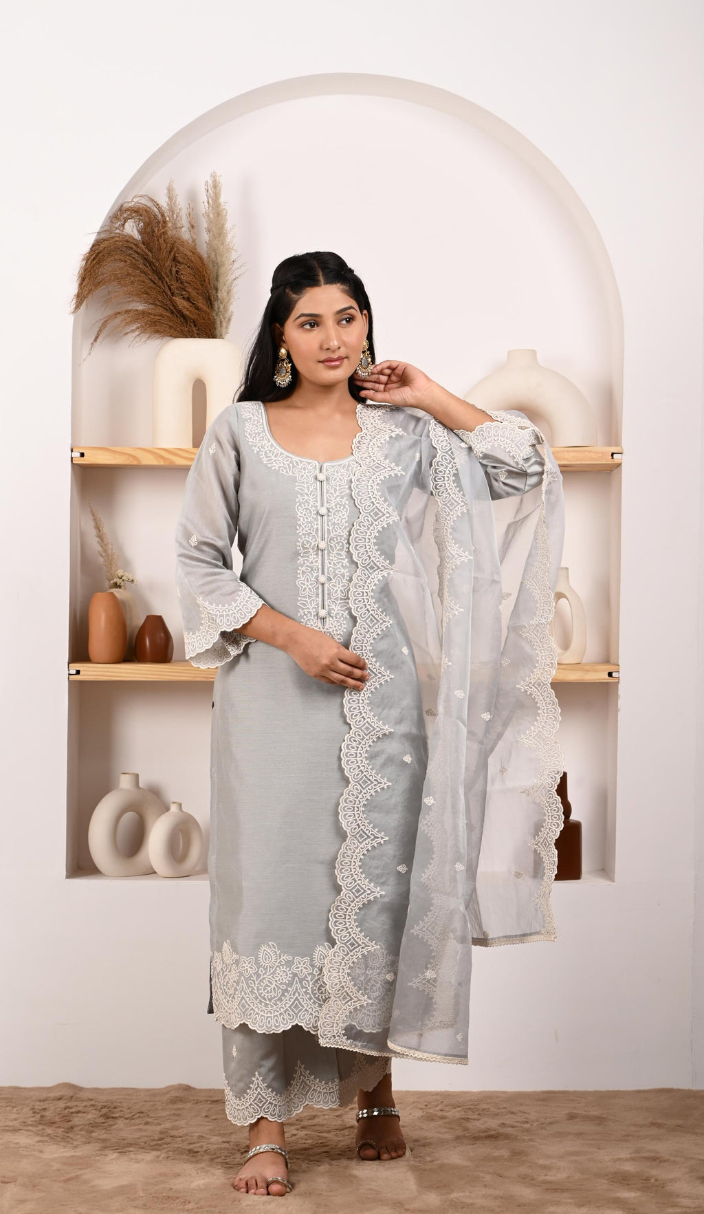 Silver Grey Chanderi Suit Set- NV