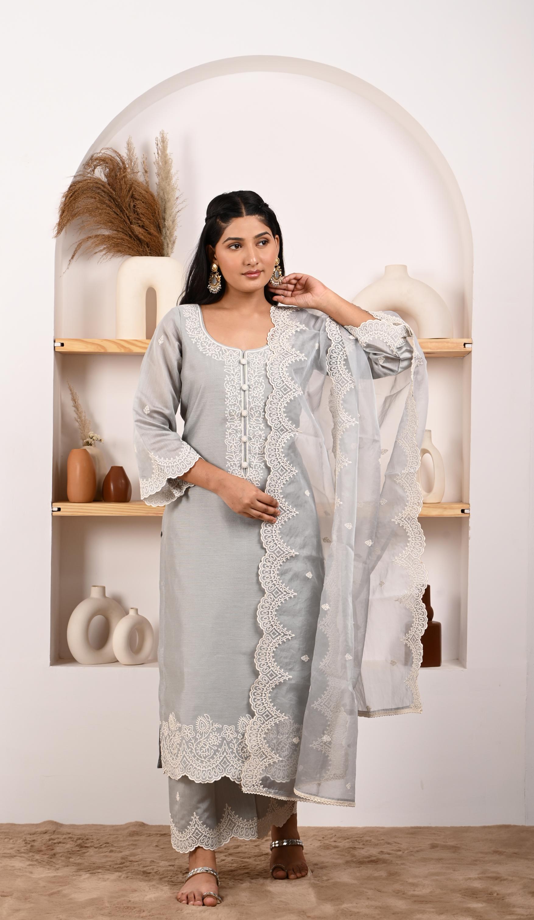 Silver Grey Chanderi Suit Set- NV
