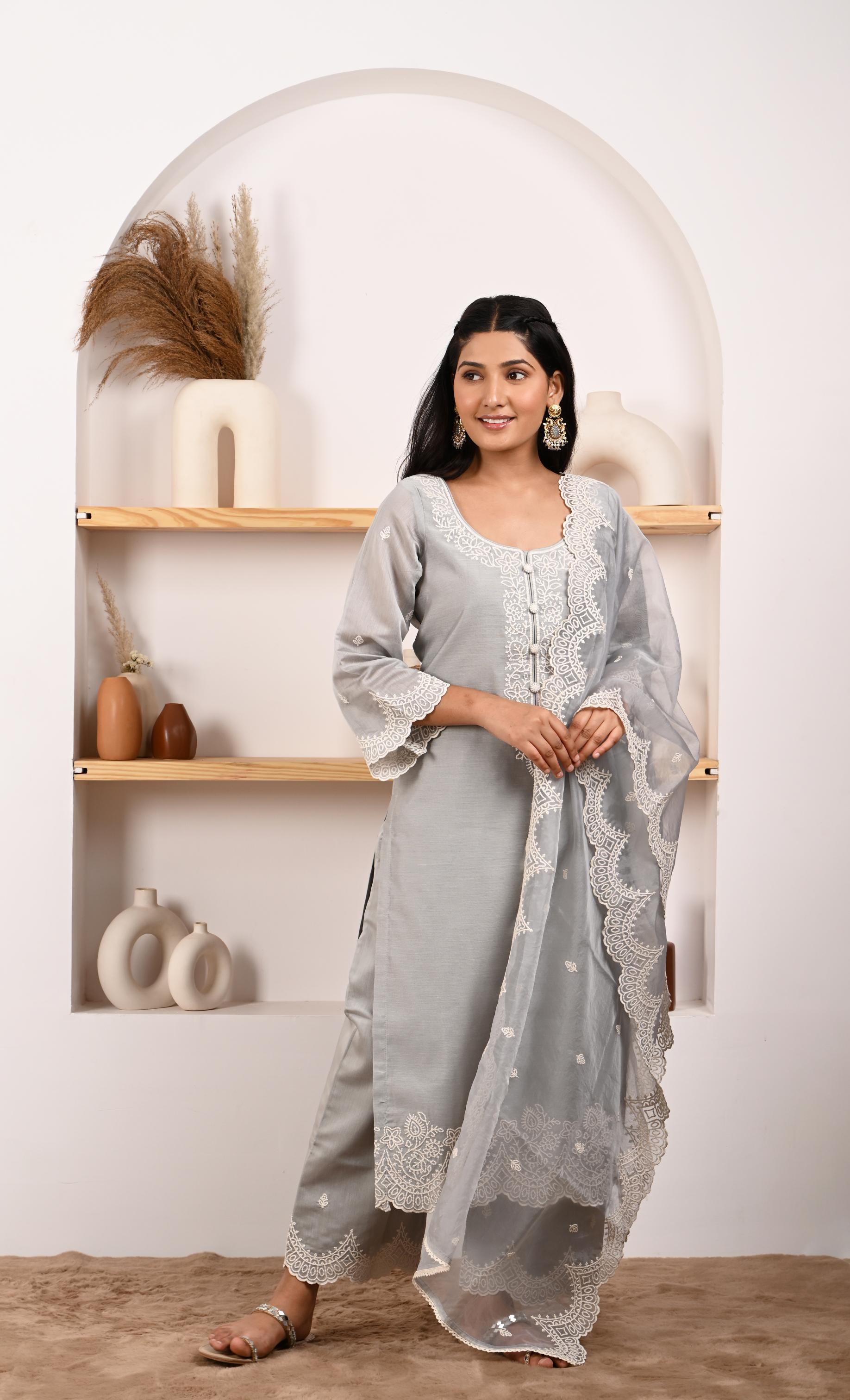 Silver Grey Chanderi Suit Set- NV