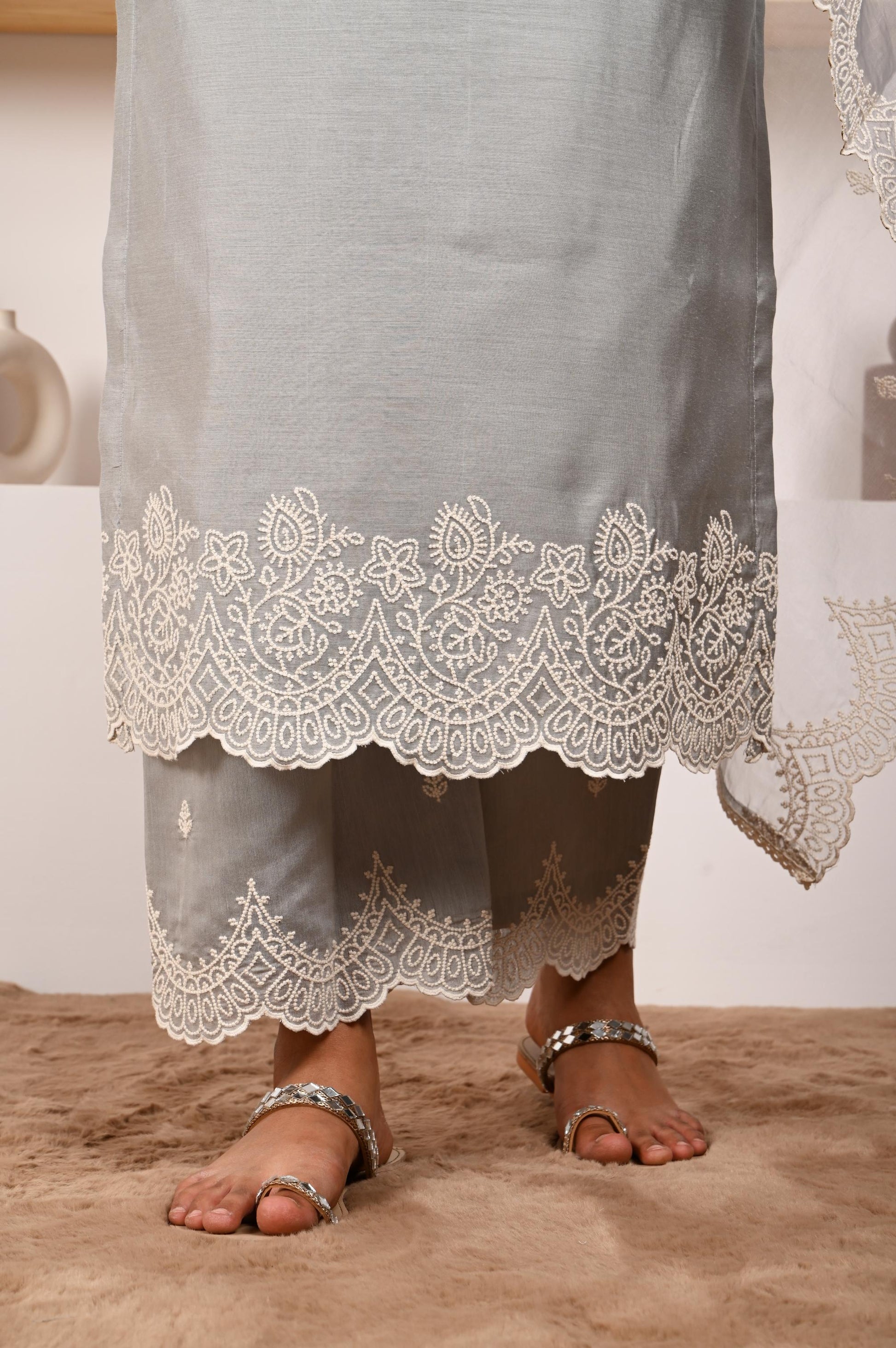 Silver Grey Chanderi Suit Set- NV