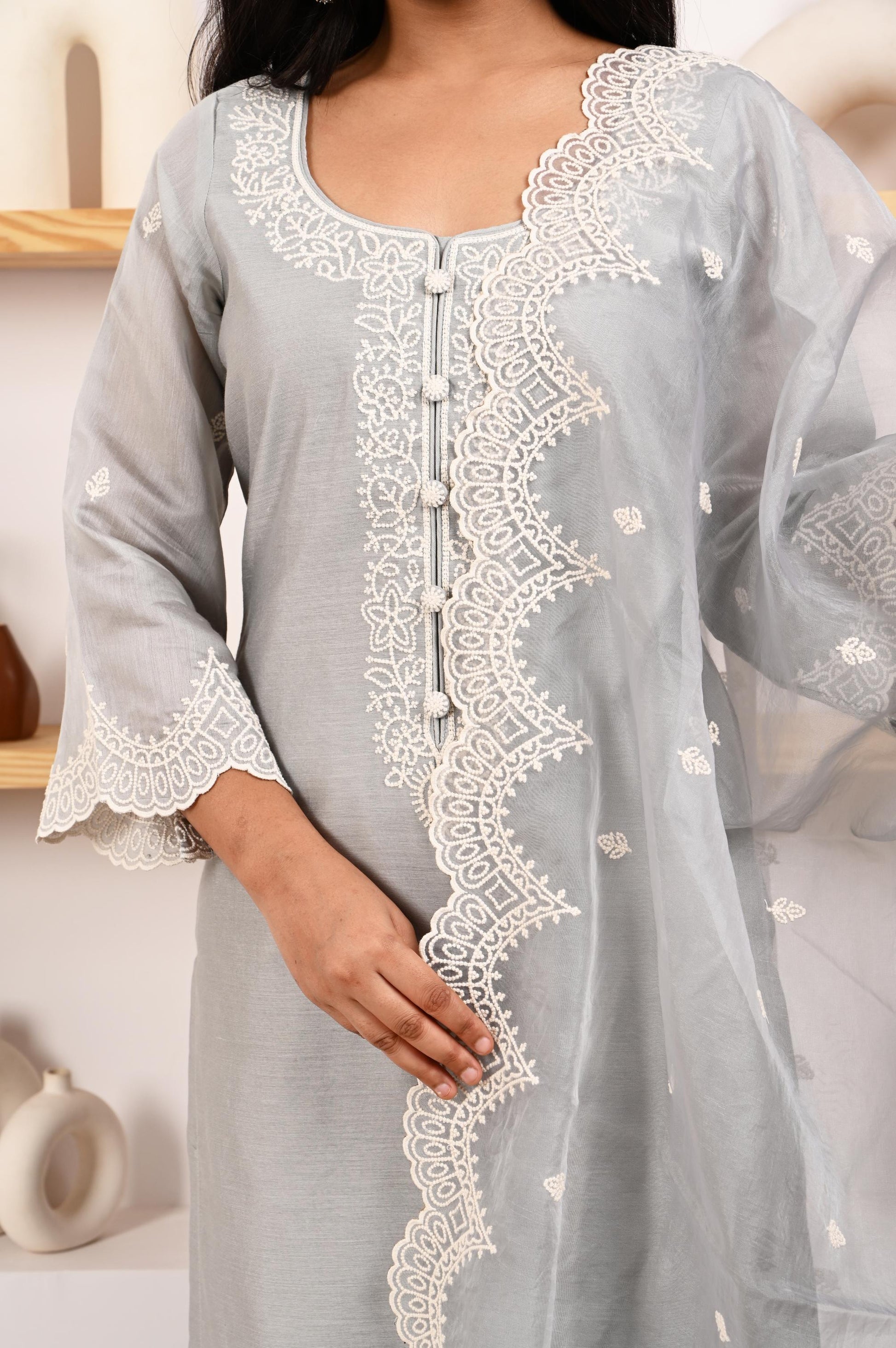 Silver Grey Chanderi Suit Set- NV