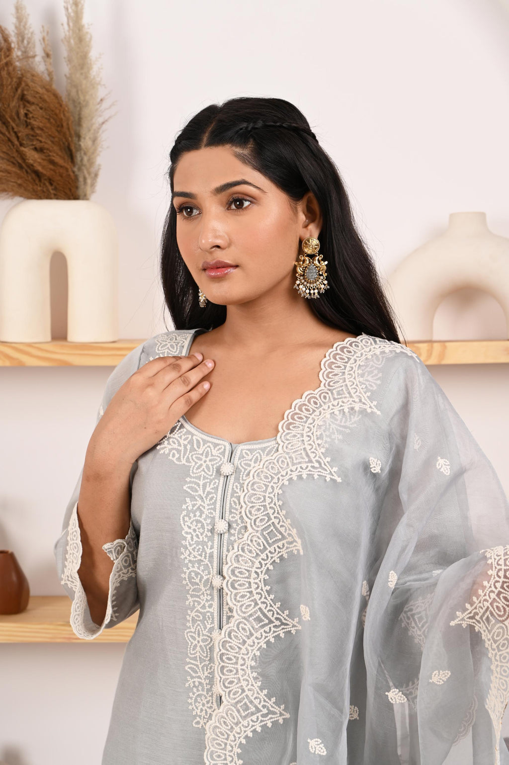 Silver Grey Chanderi Suit Set- NV