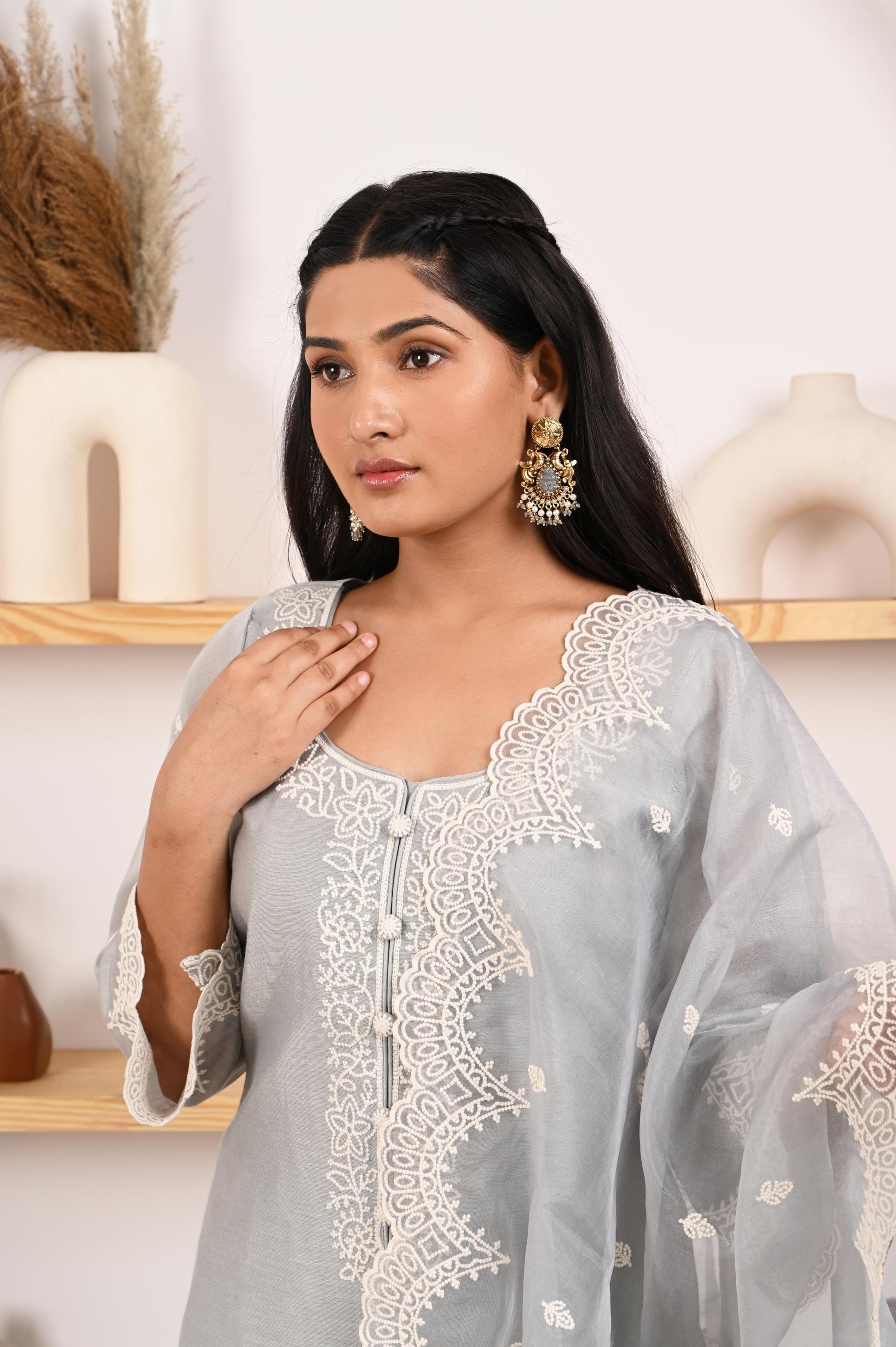 Silver Grey Chanderi Suit Set- NV