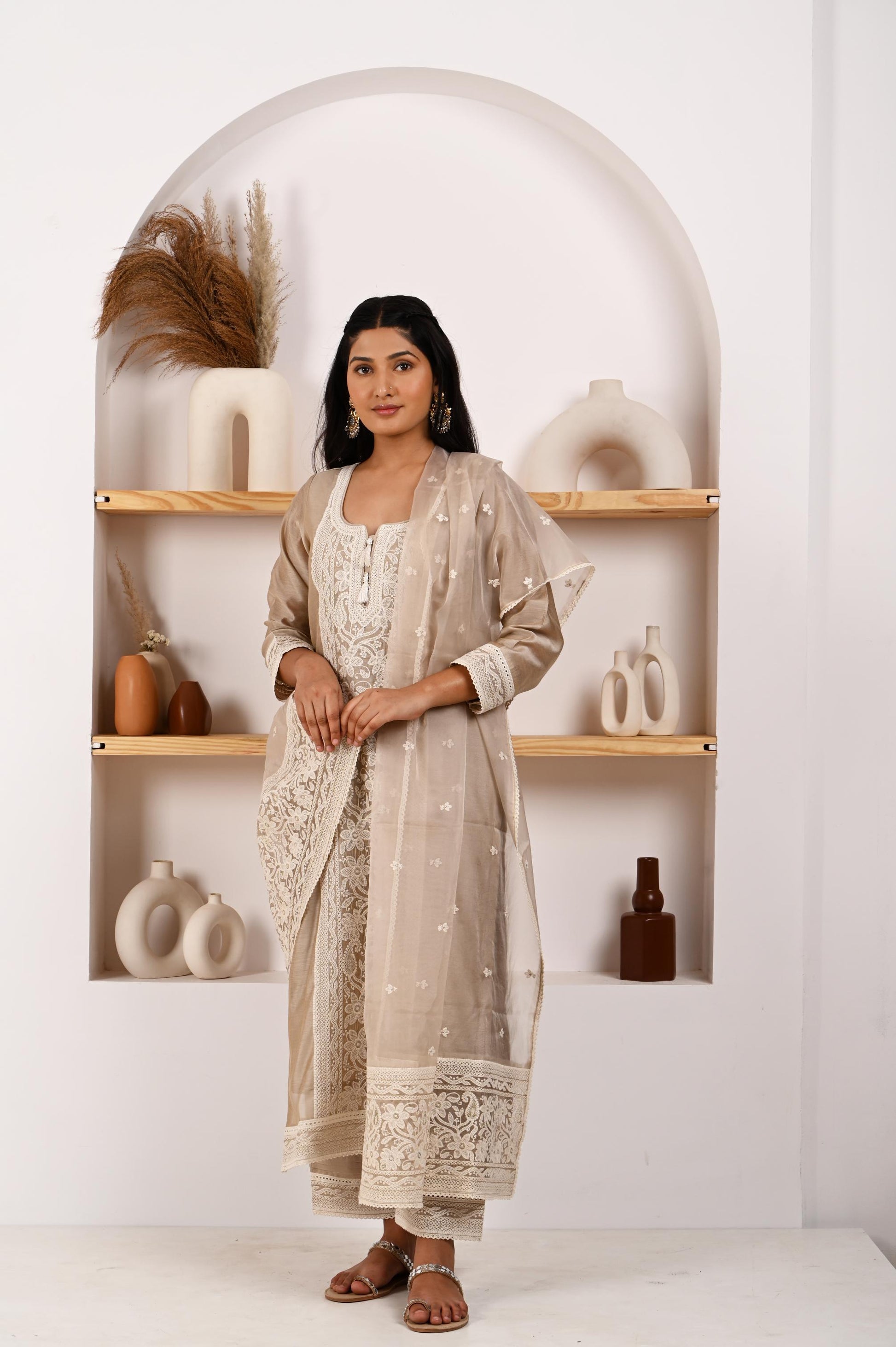 Shreya Lakhani in Hazel Beige Chanderi Suit Set- NV