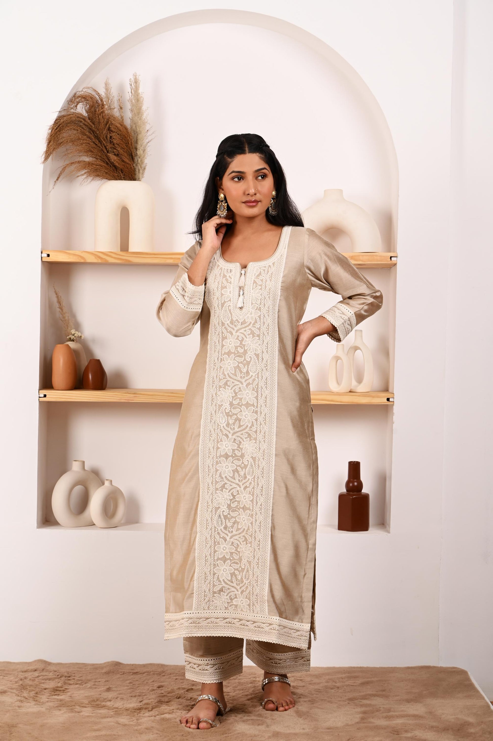 Shreya Lakhani in Hazel Beige Chanderi Suit Set- NV