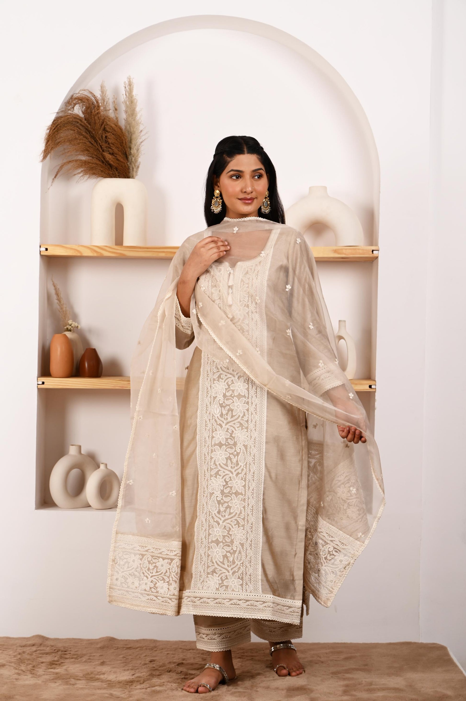 Shreya Lakhani in Hazel Beige Chanderi Suit Set- NV