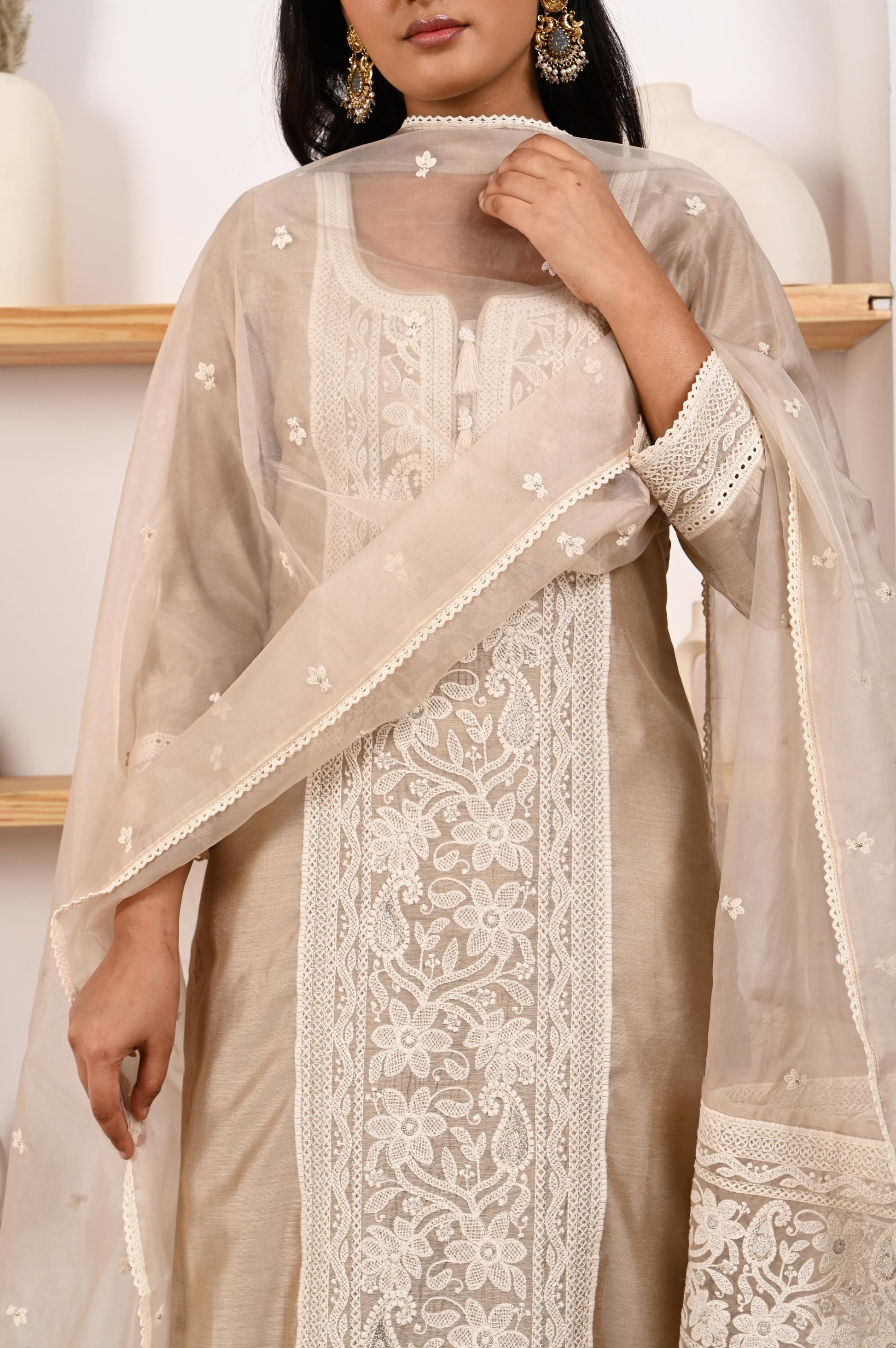 Shreya Lakhani in Hazel Beige Chanderi Suit Set- NV