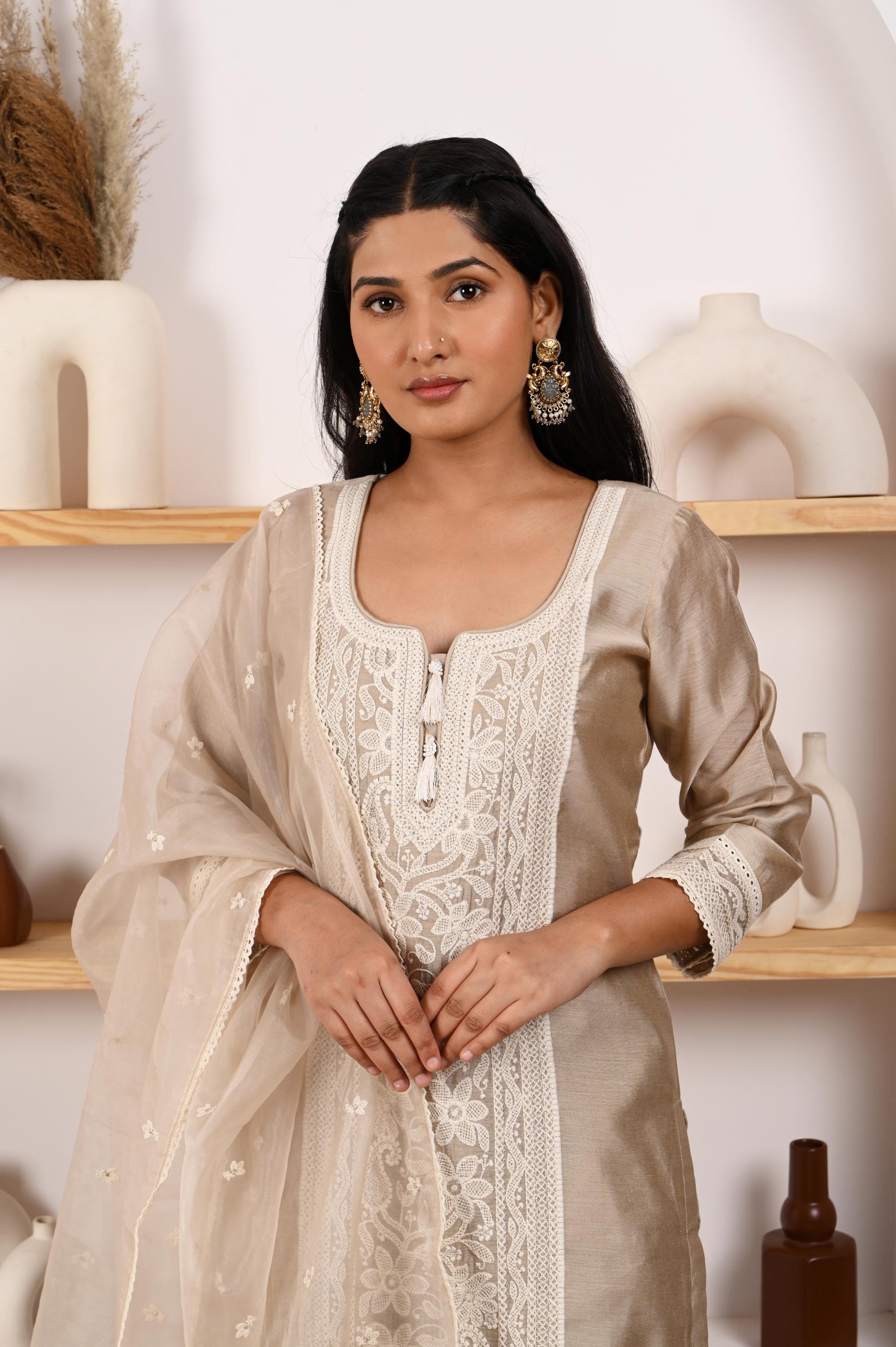 Shreya Lakhani in Hazel Beige Chanderi Suit Set- NV