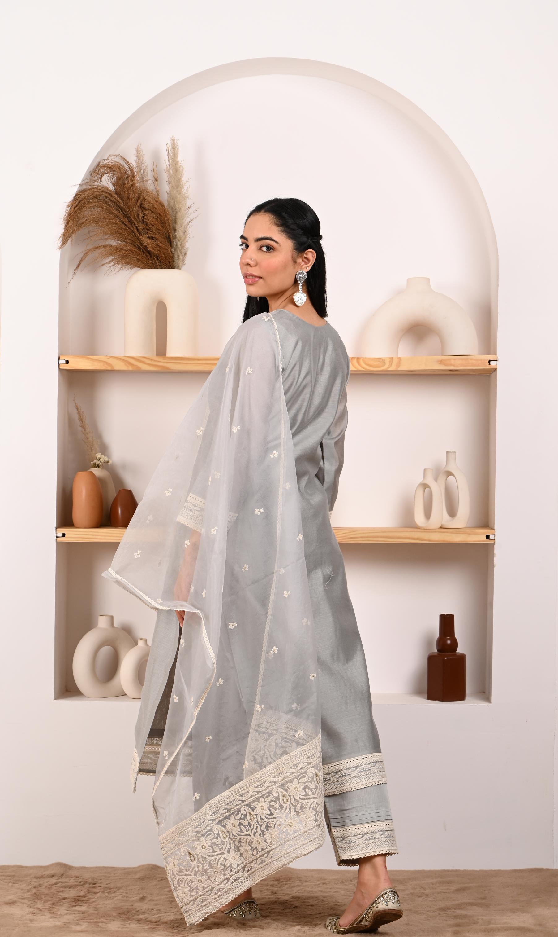 Silver Grey Chanderi Suit Set- NV