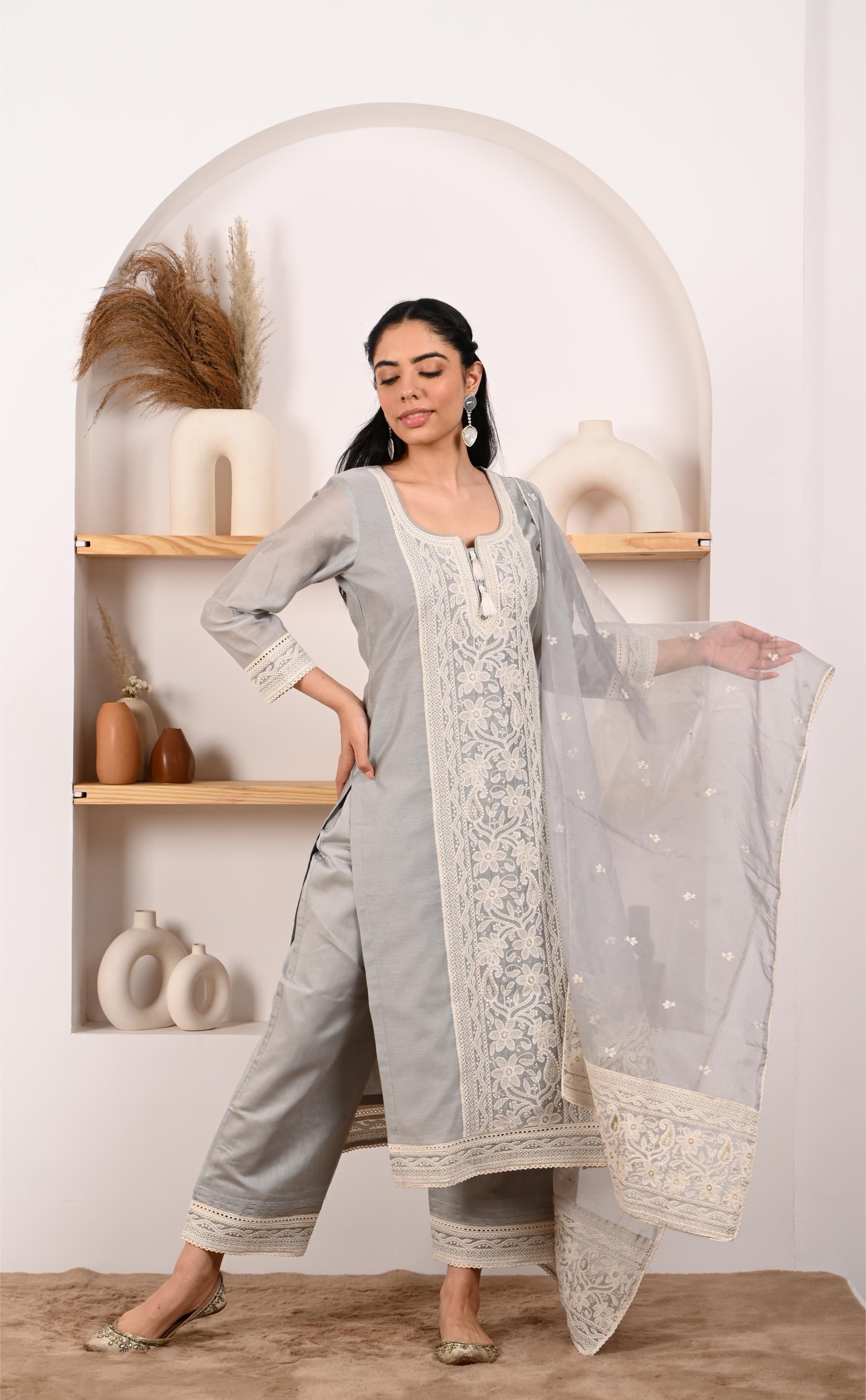 Silver Grey Chanderi Suit Set- NV