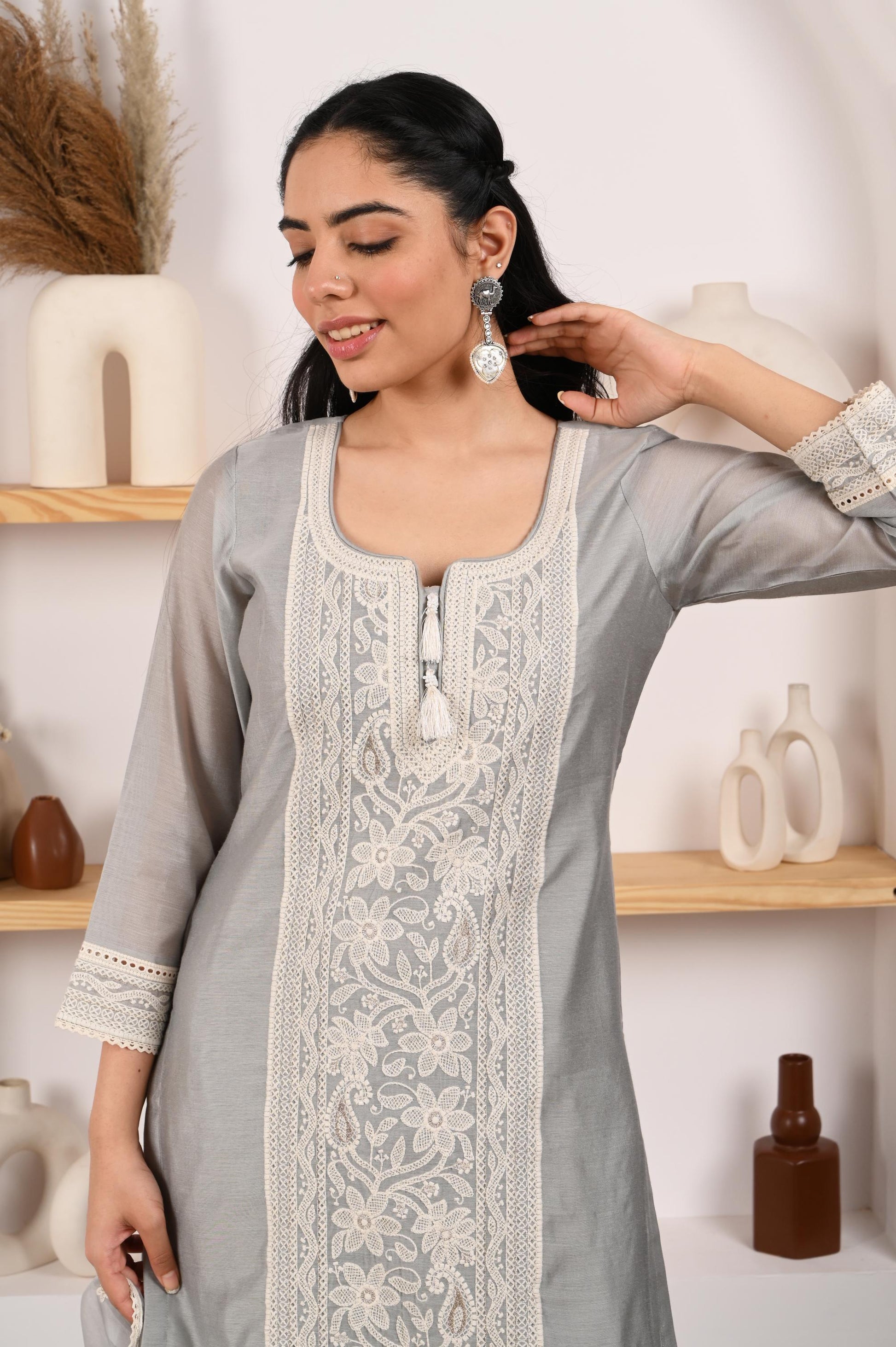 Silver Grey Chanderi Suit Set- NV