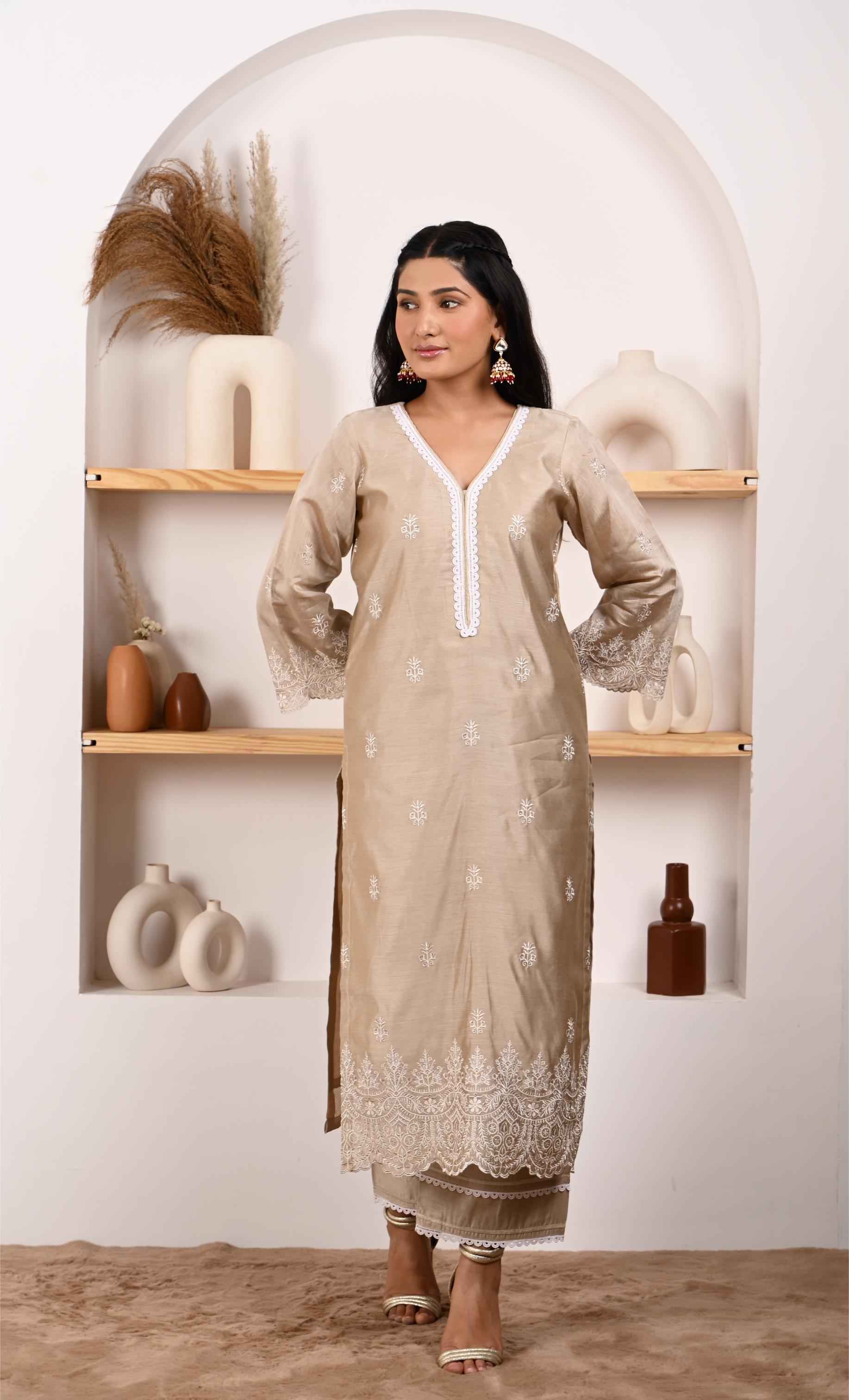 Hazel Beige Chanderi Suit Set- NV