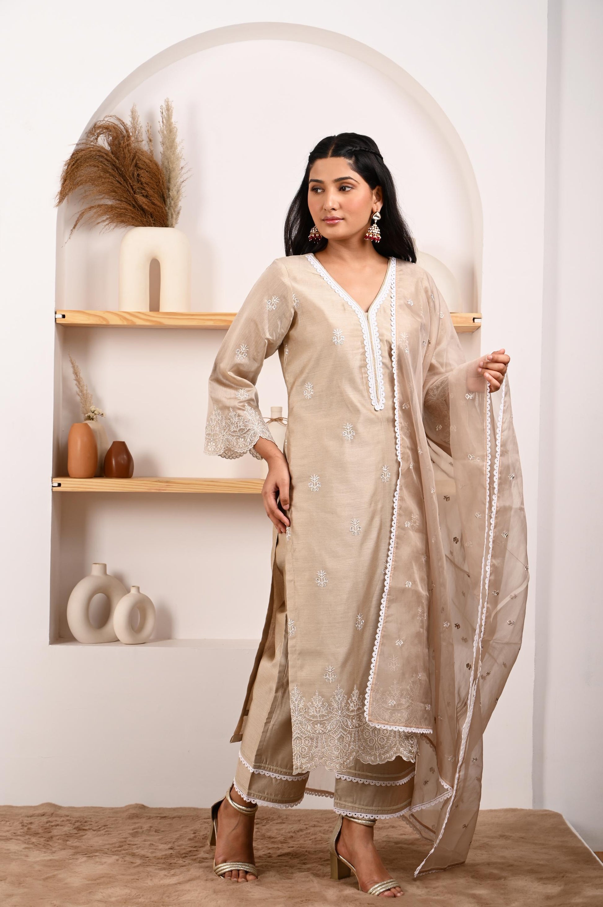 Hazel Beige Chanderi Suit Set- NV