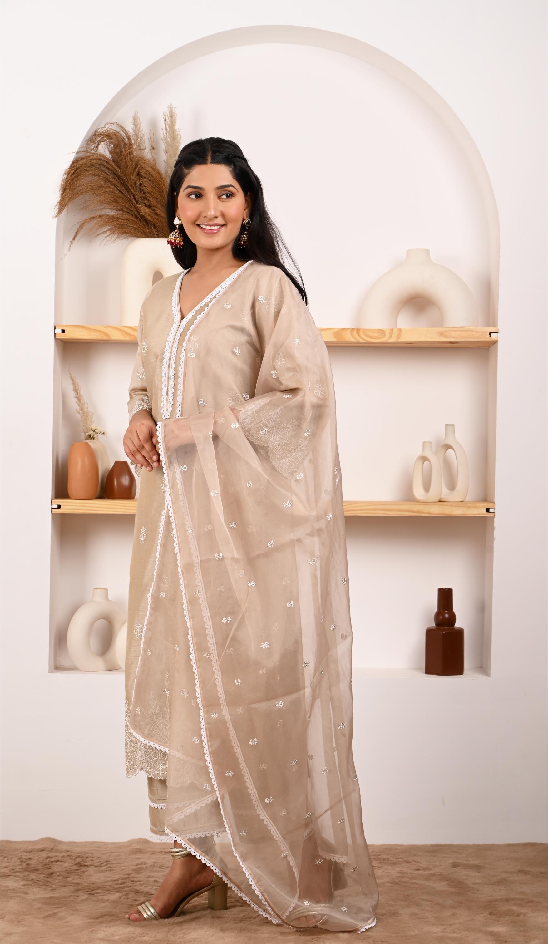 Hazel Beige Chanderi Suit Set- NV