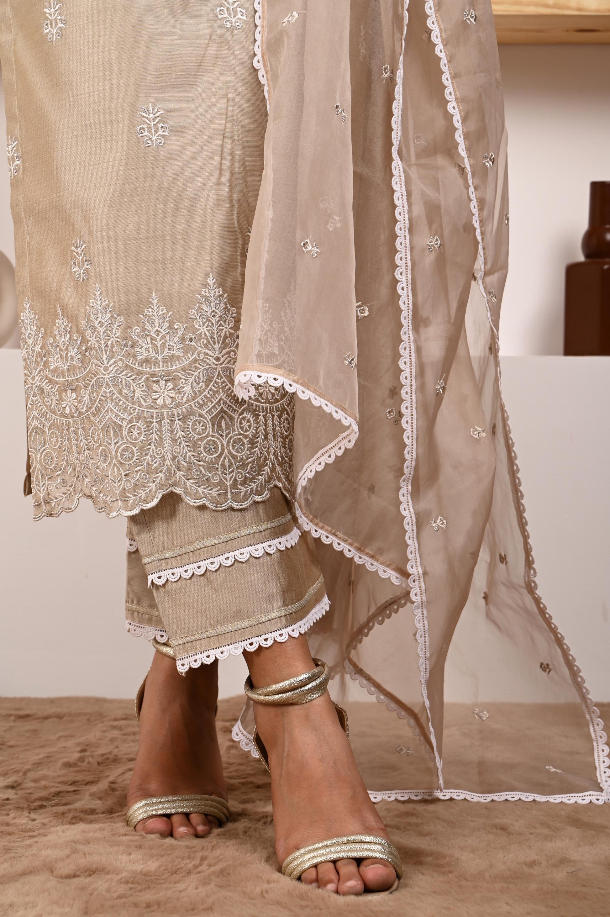Hazel Beige Chanderi Suit Set- NV