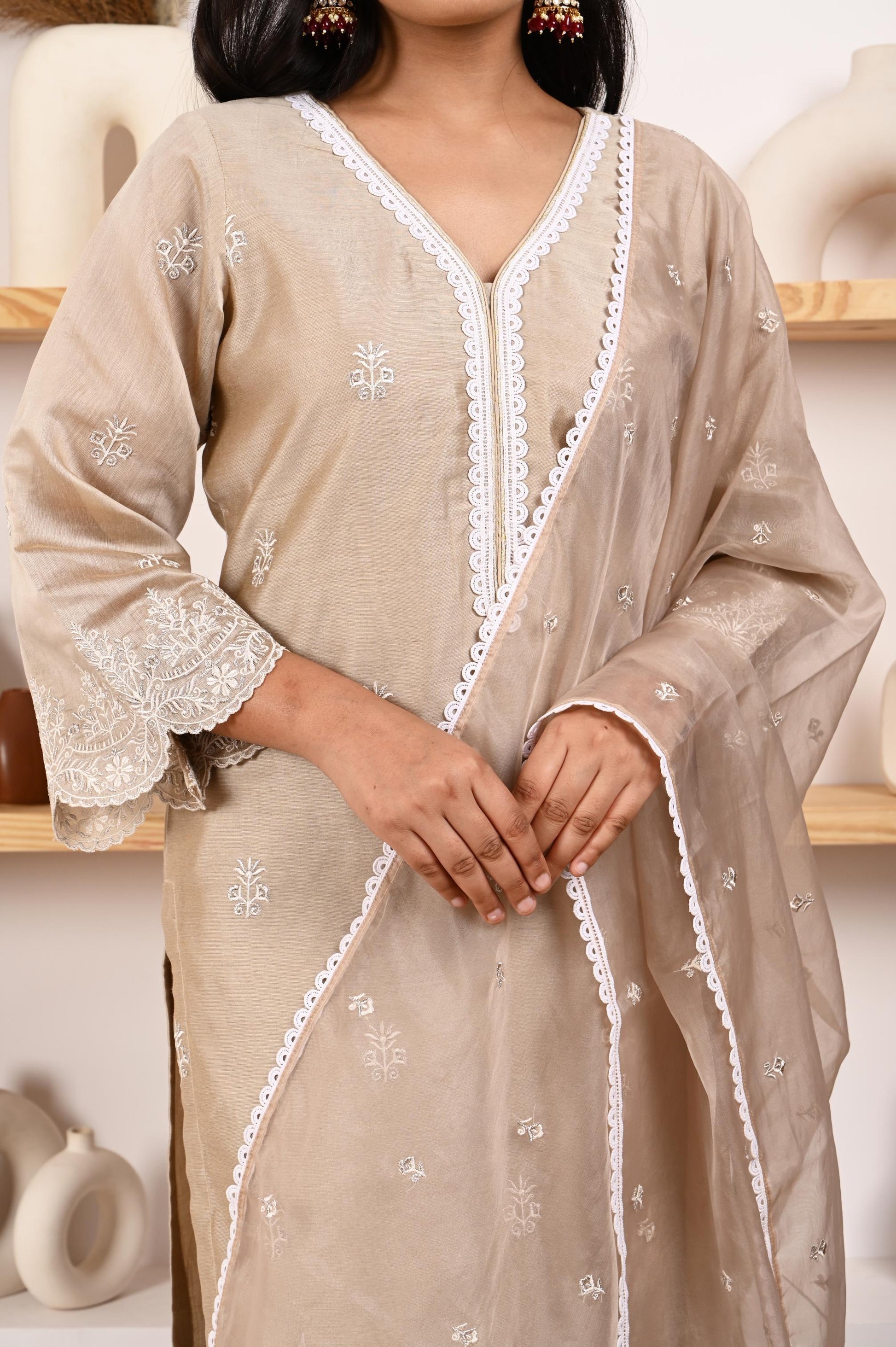 Hazel Beige Chanderi Suit Set- NV