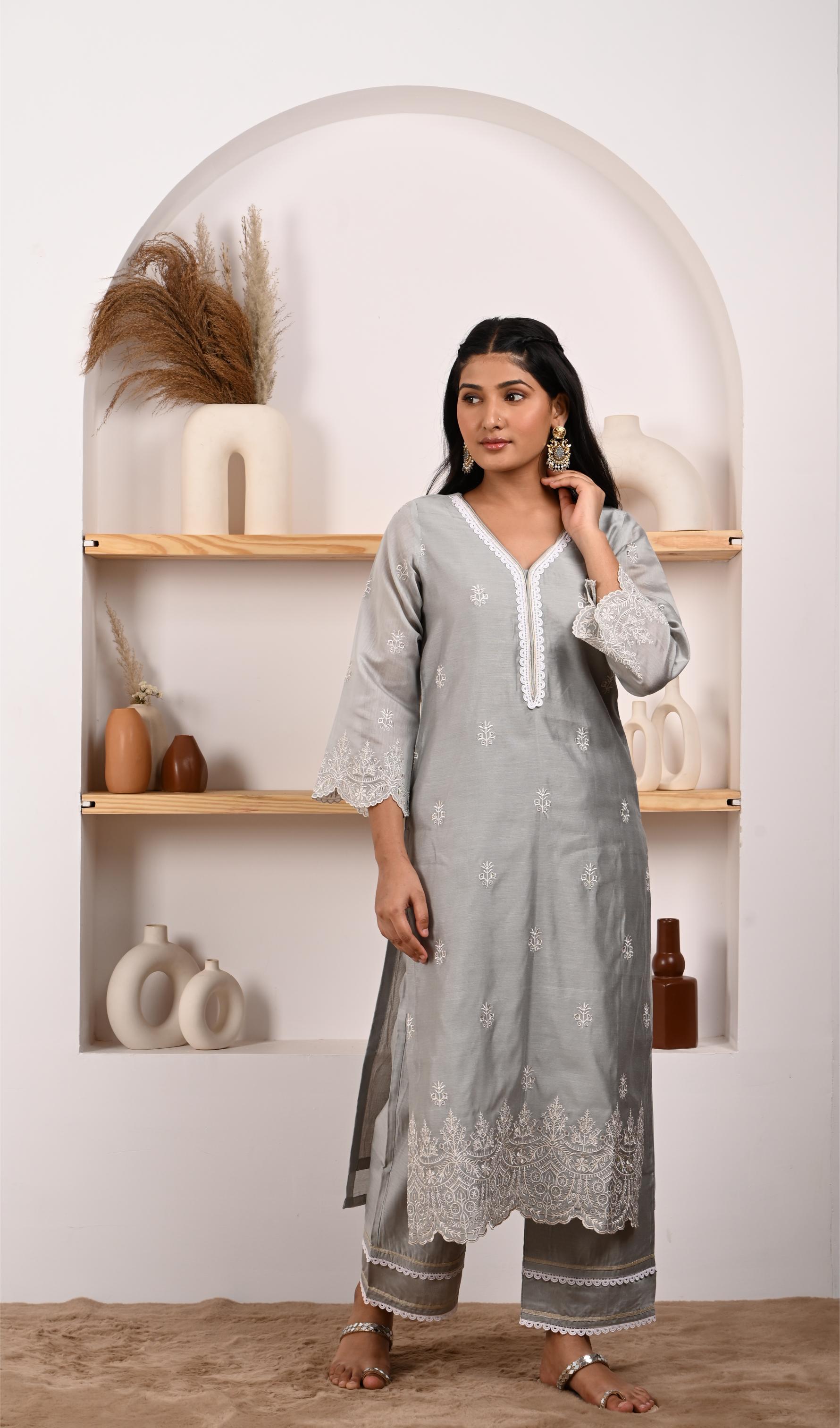 Silver Grey Chanderi Suit Set- NV