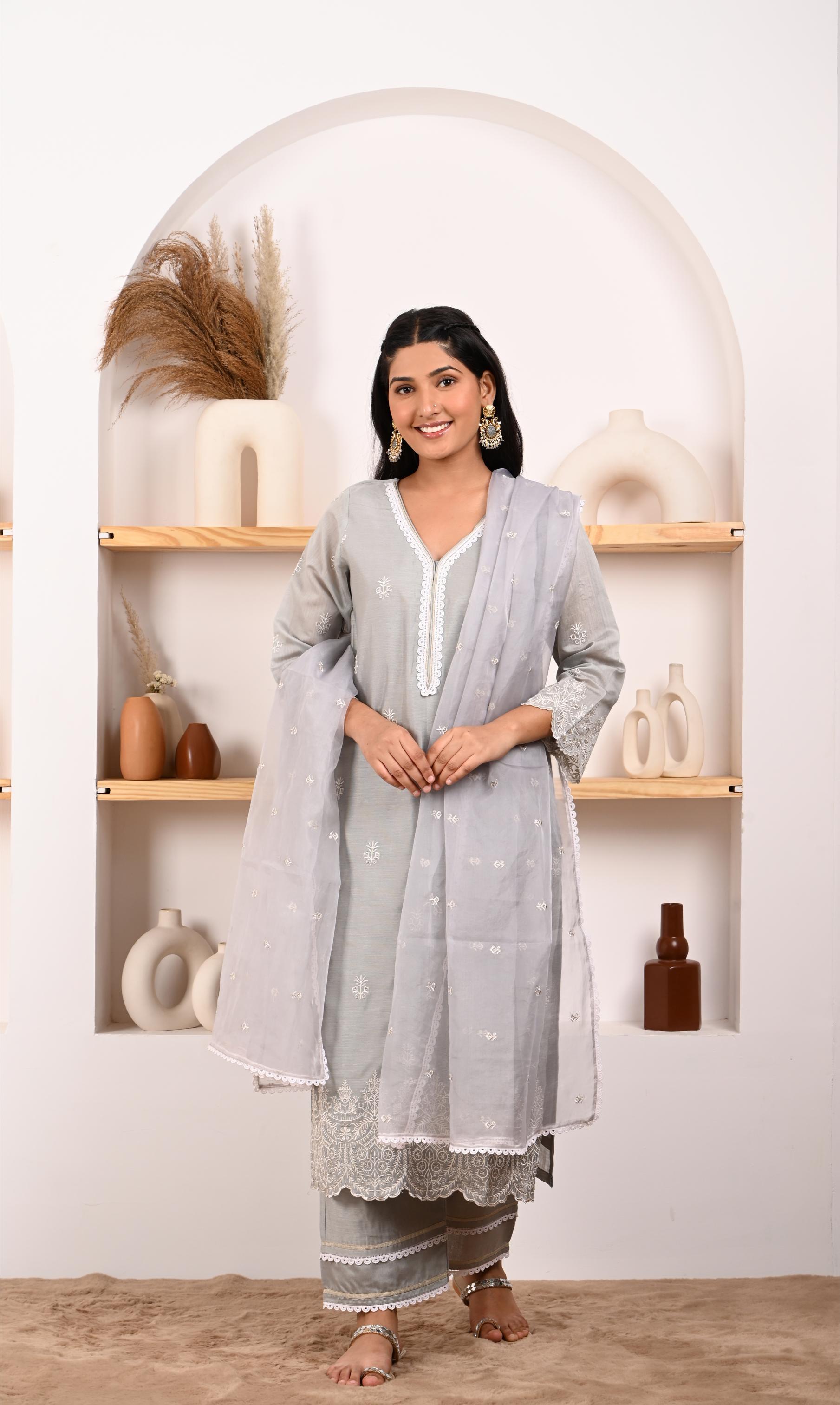 Silver Grey Chanderi Suit Set- NV