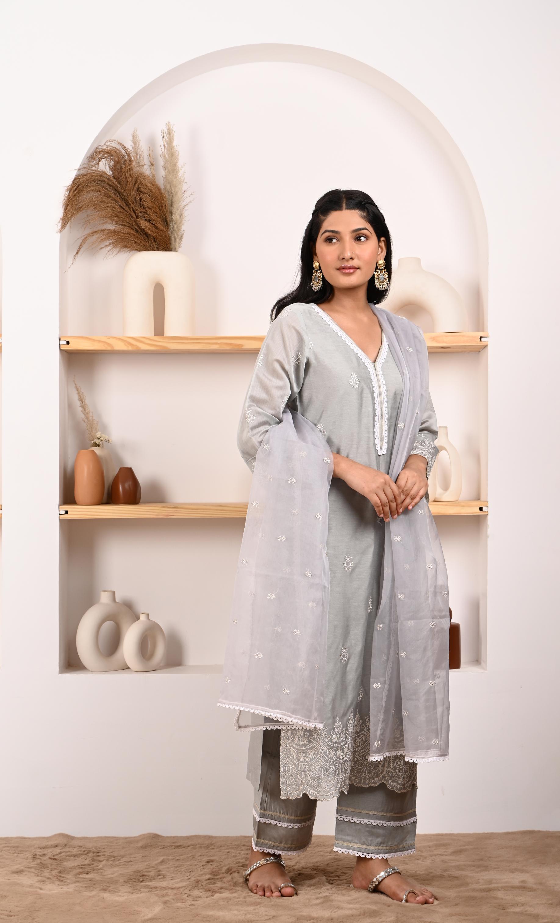 Silver Grey Chanderi Suit Set- NV