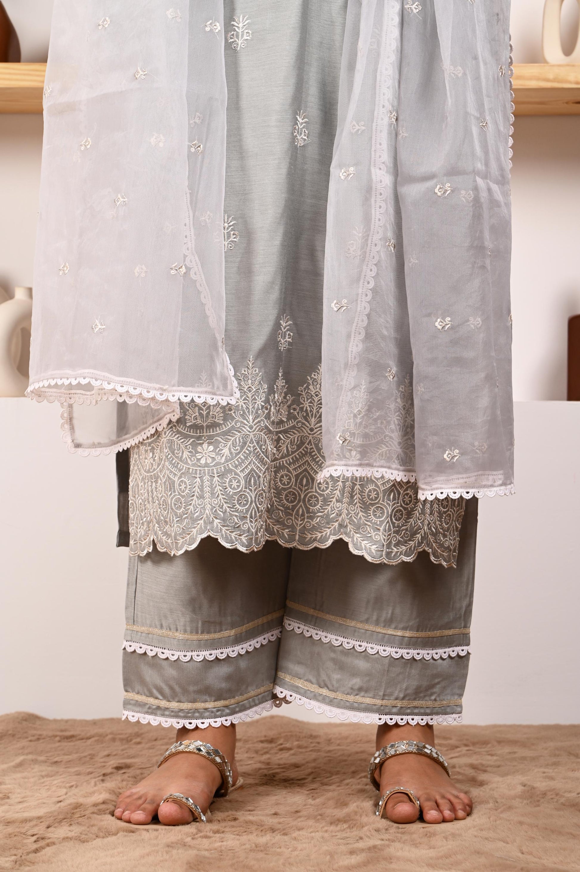 Silver Grey Chanderi Suit Set- NV