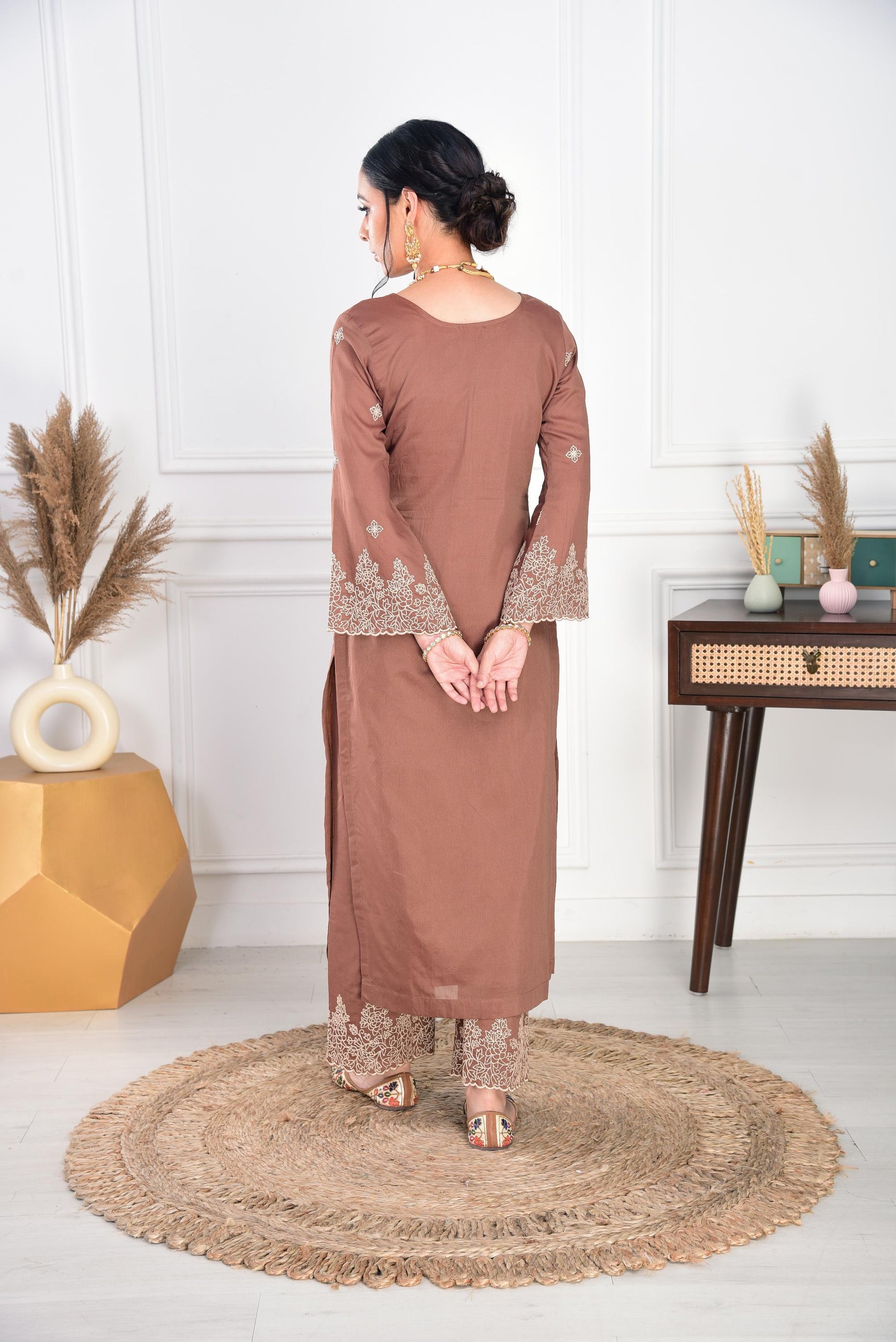 Walnut Brown Chanderi Silk Suit Set- NV