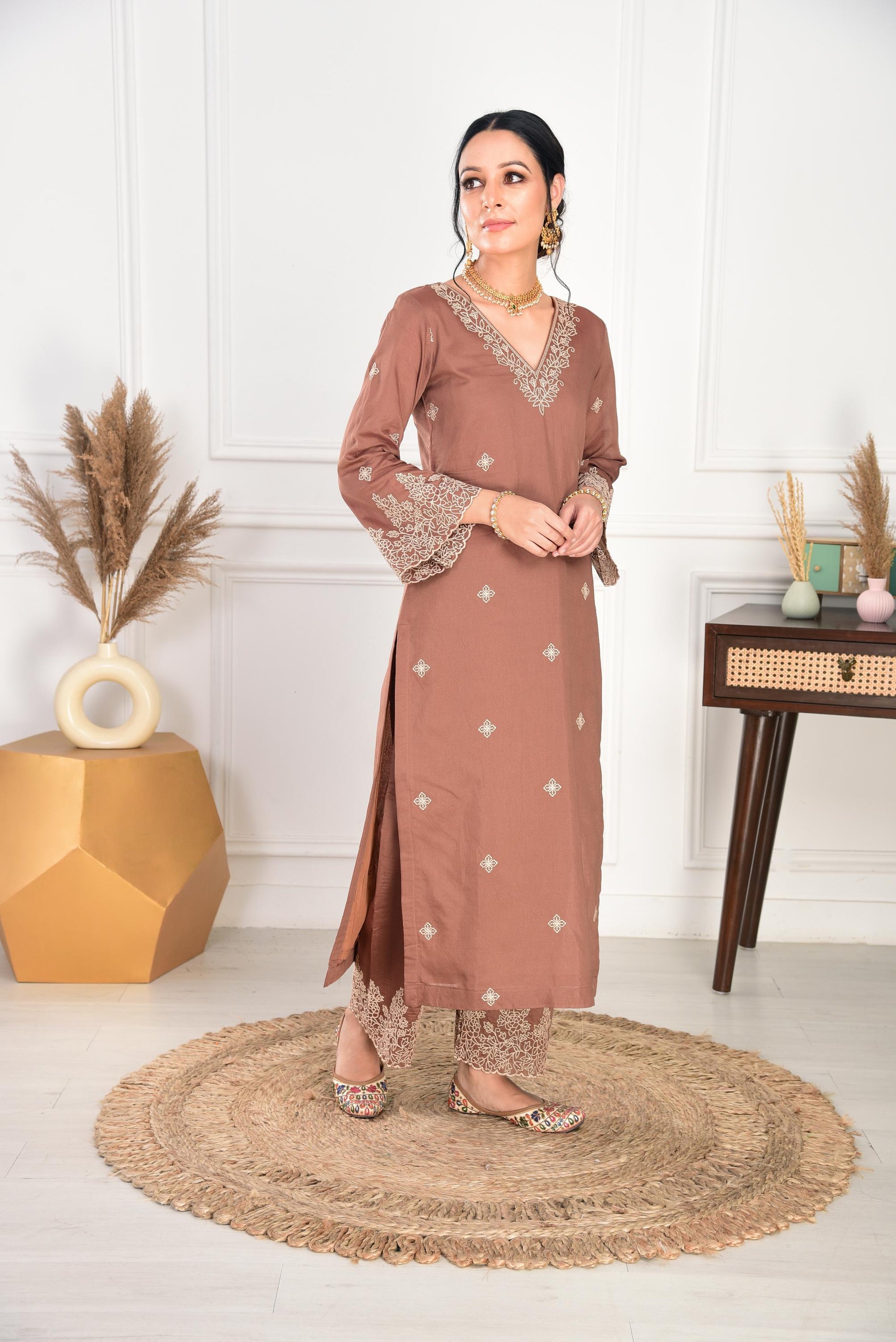 Walnut Brown Chanderi Silk Suit Set- NV