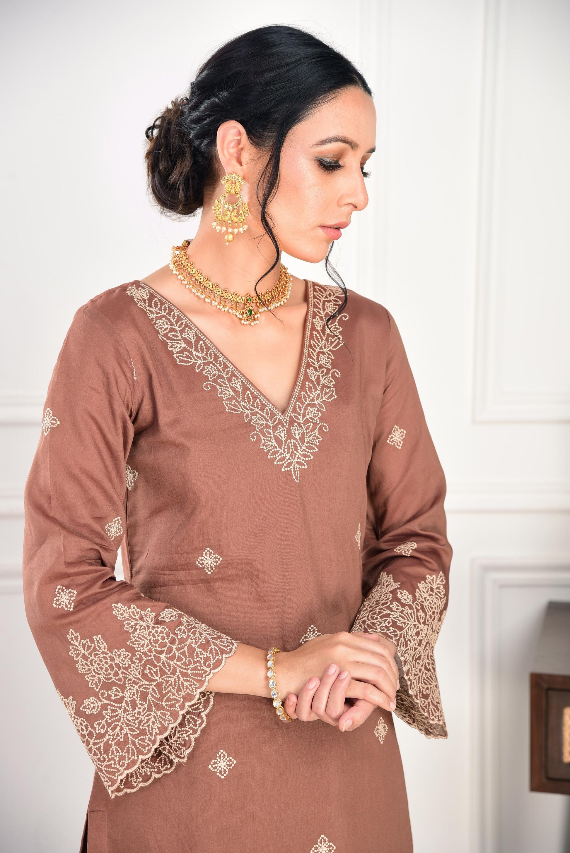 Walnut Brown Chanderi Silk Suit Set- NV