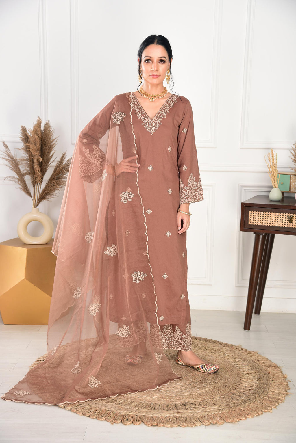Walnut Brown Chanderi Silk Suit Set- NV