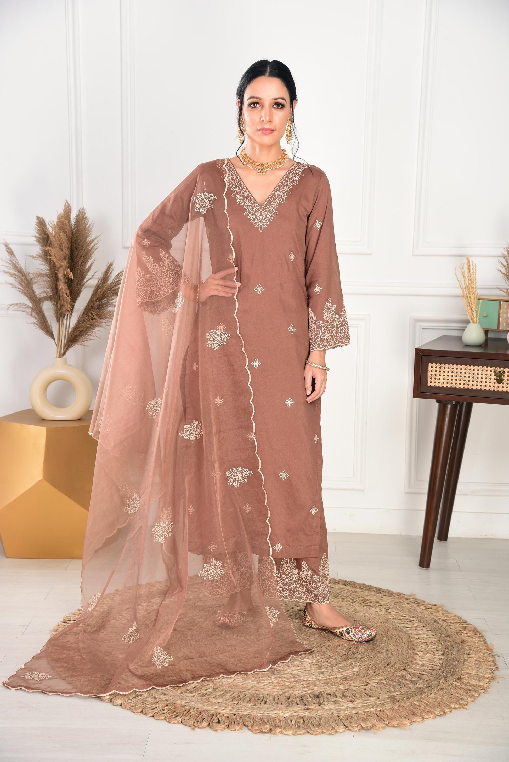 Walnut Brown Chanderi Silk Suit Set- NV