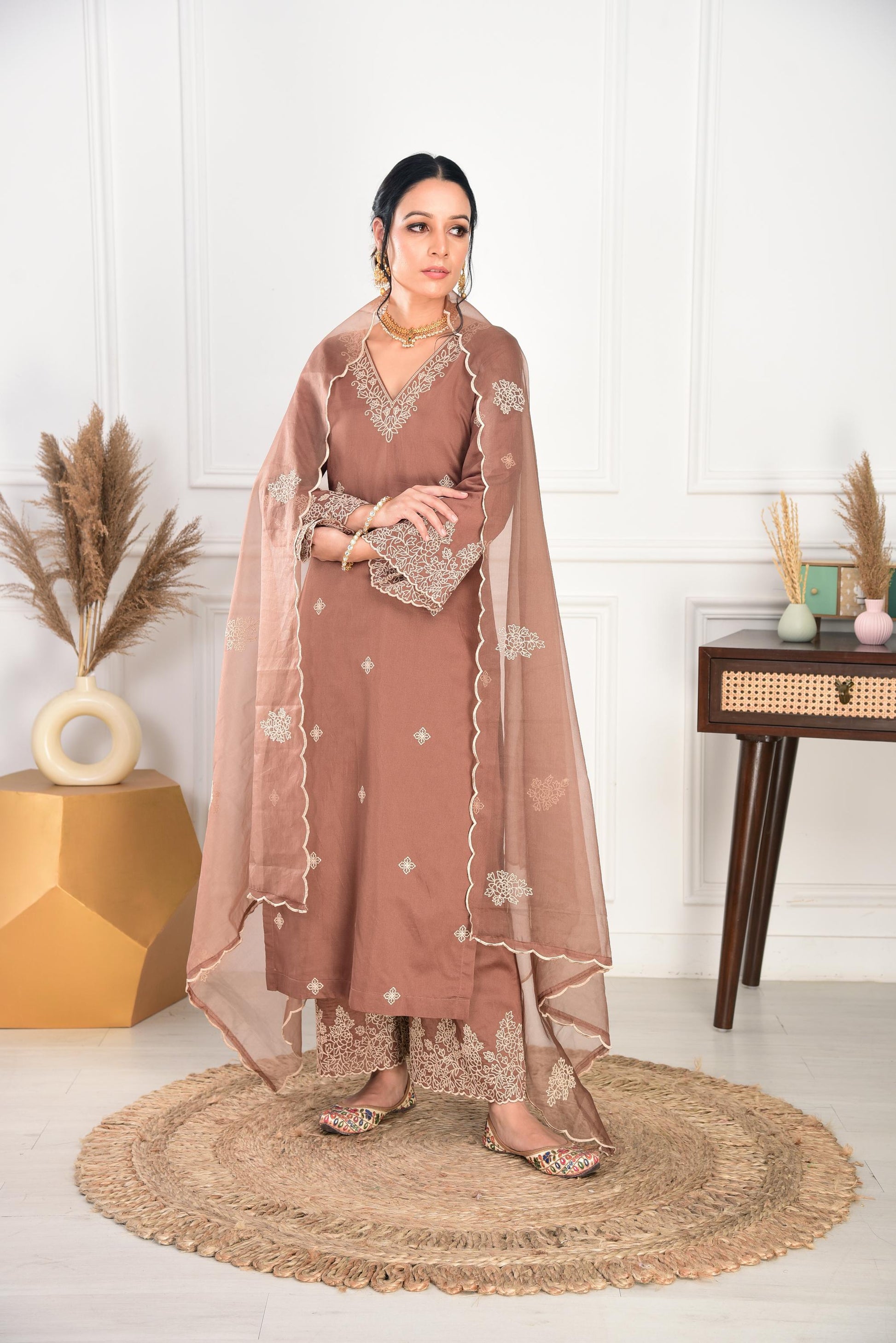 Walnut Brown Chanderi Silk Suit Set- NV