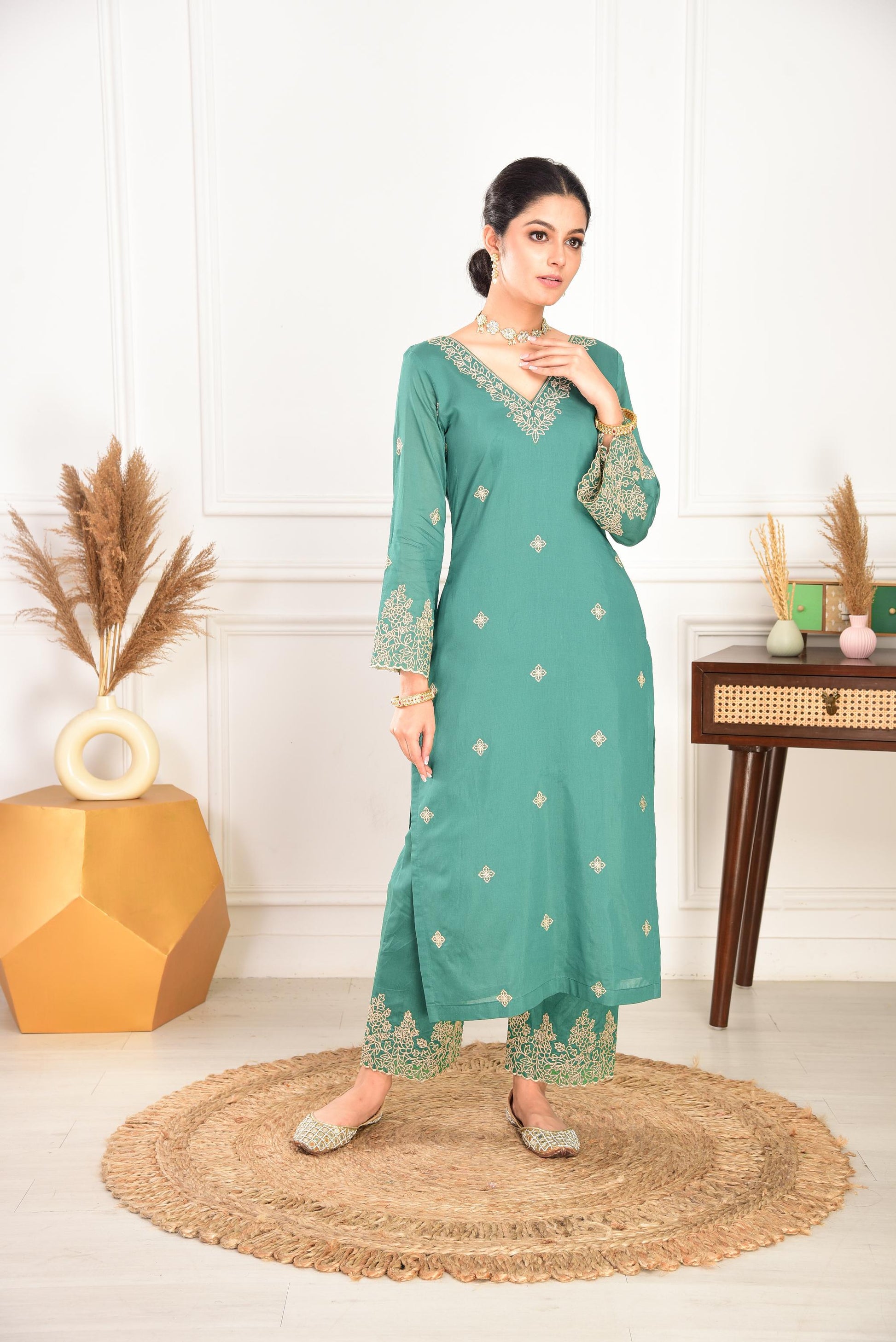 Pine Green Chanderi Silk Suit Set- NV