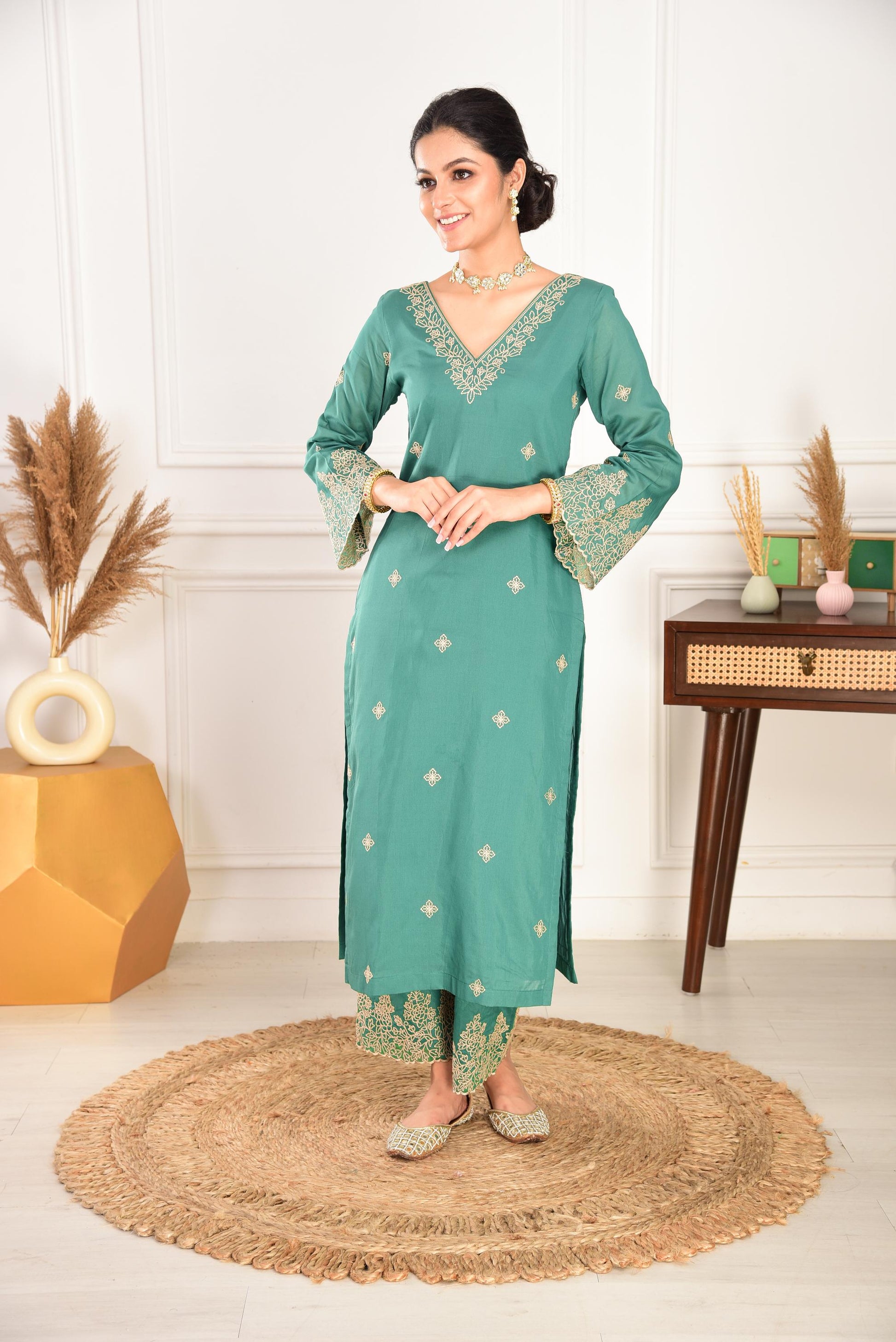 Pine Green Chanderi Silk Suit Set- NV