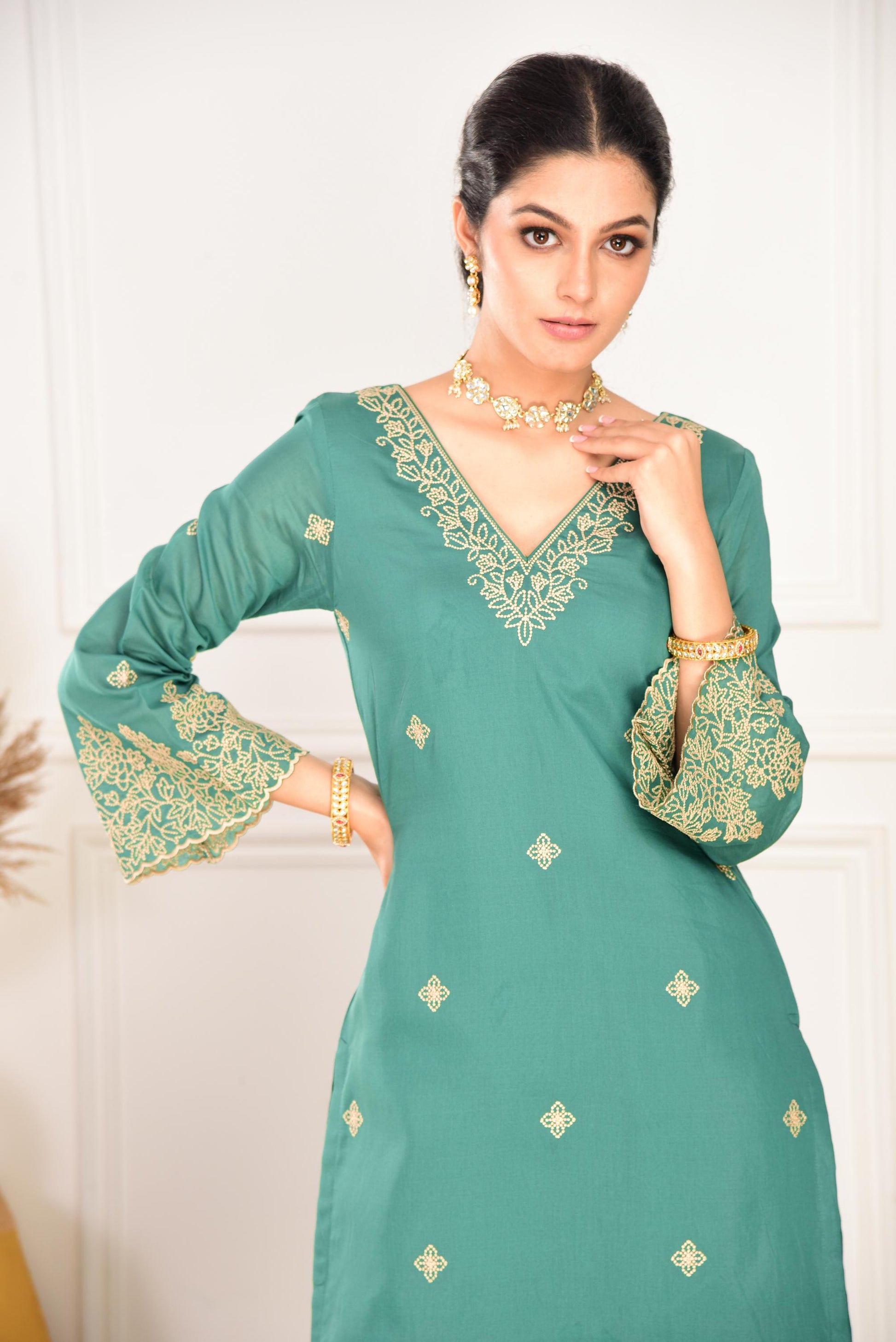 Pine Green Chanderi Silk Suit Set- NV