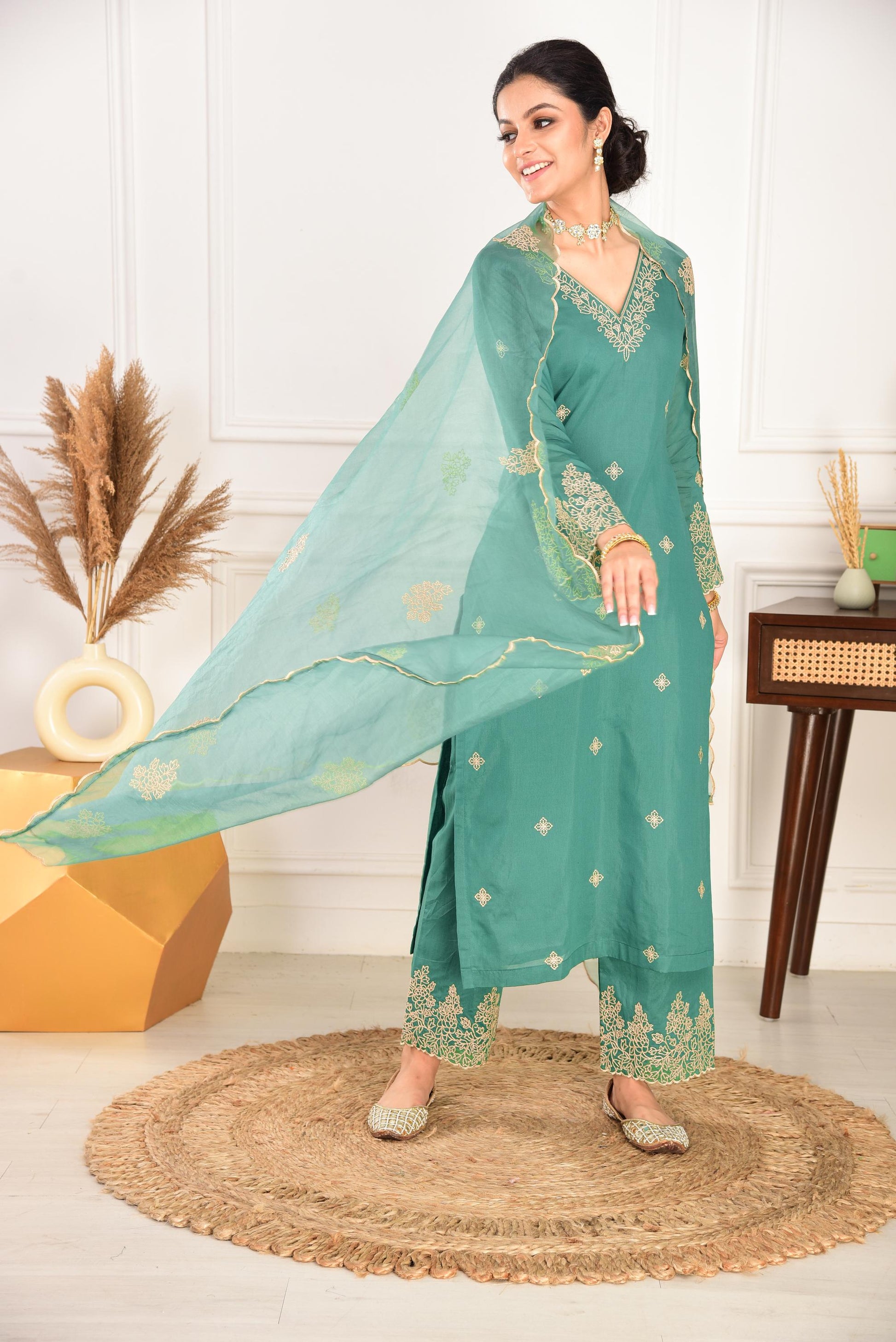 Pine Green Chanderi Silk Suit Set- NV