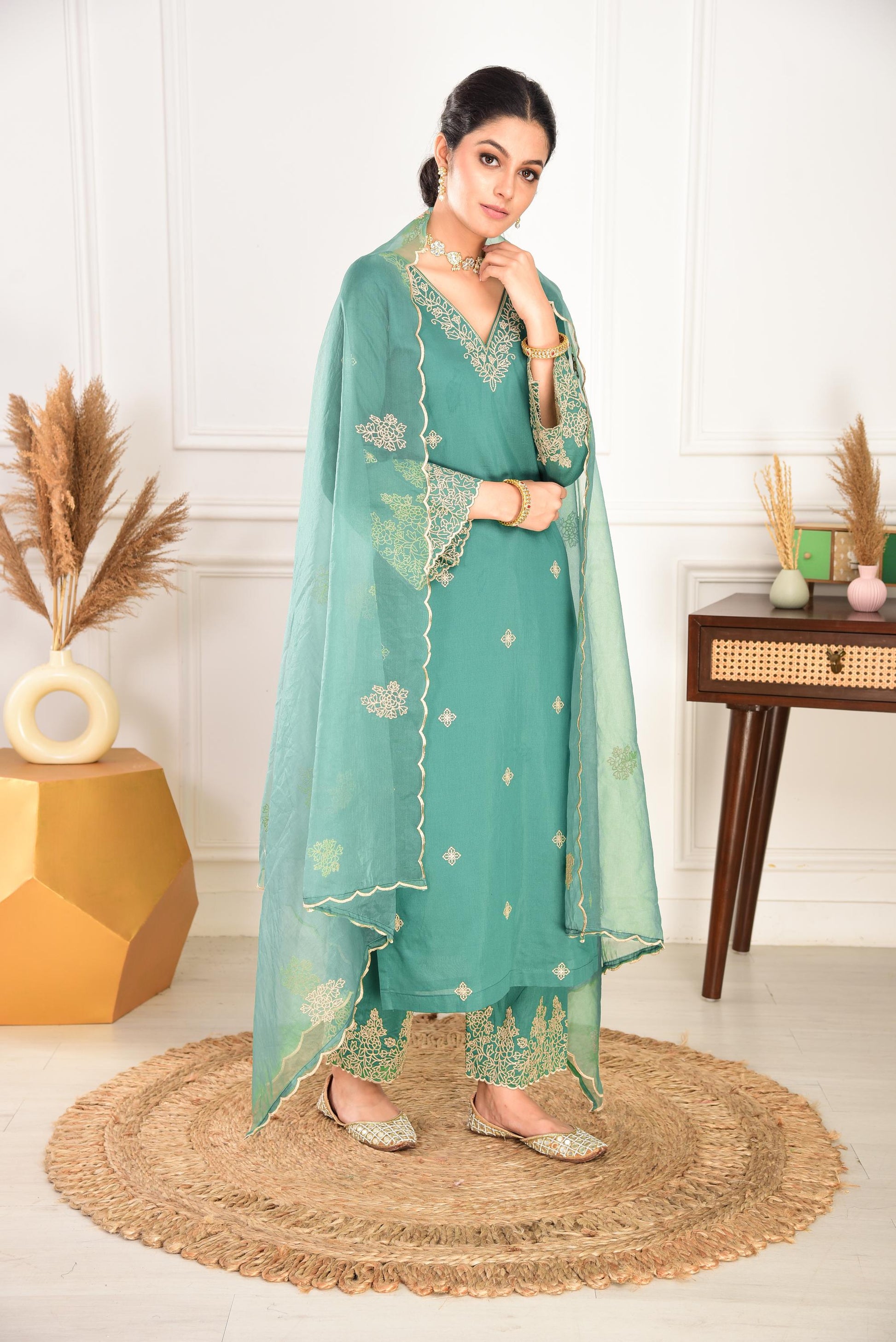 Pine Green Chanderi Silk Suit Set- NV