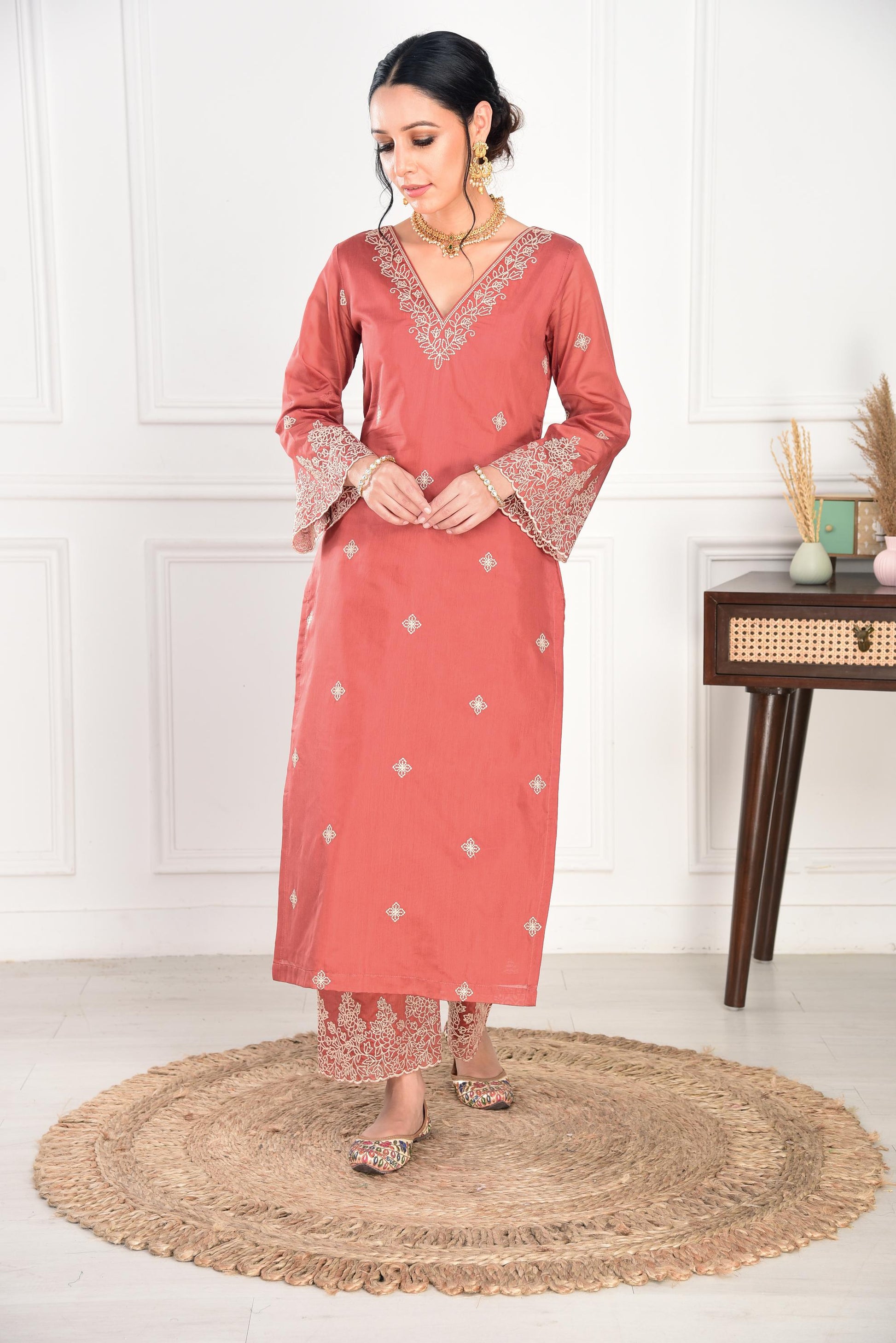 Rust Chanderi Silk Suit Set- NV