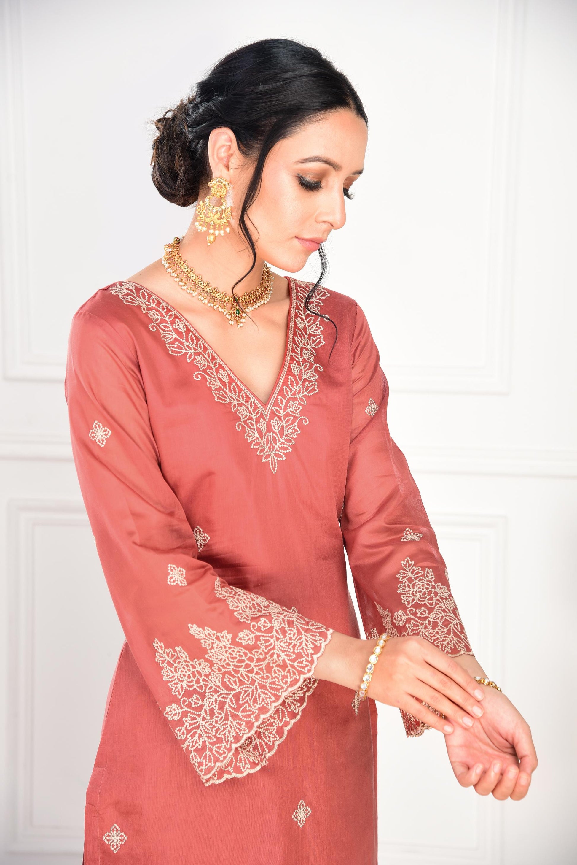 Rust Chanderi Silk Suit Set- NV