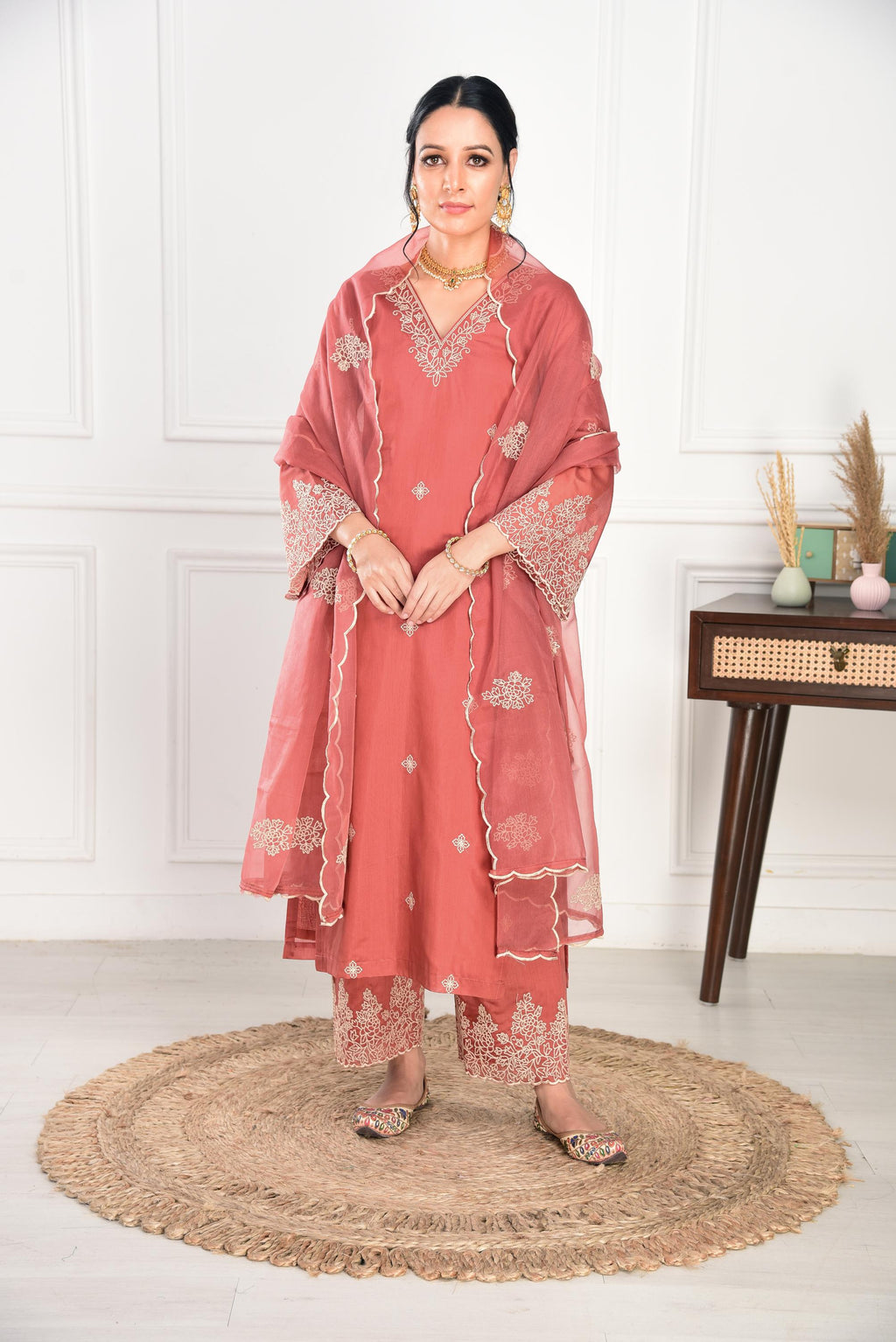 Rust Chanderi Silk Suit Set- NV