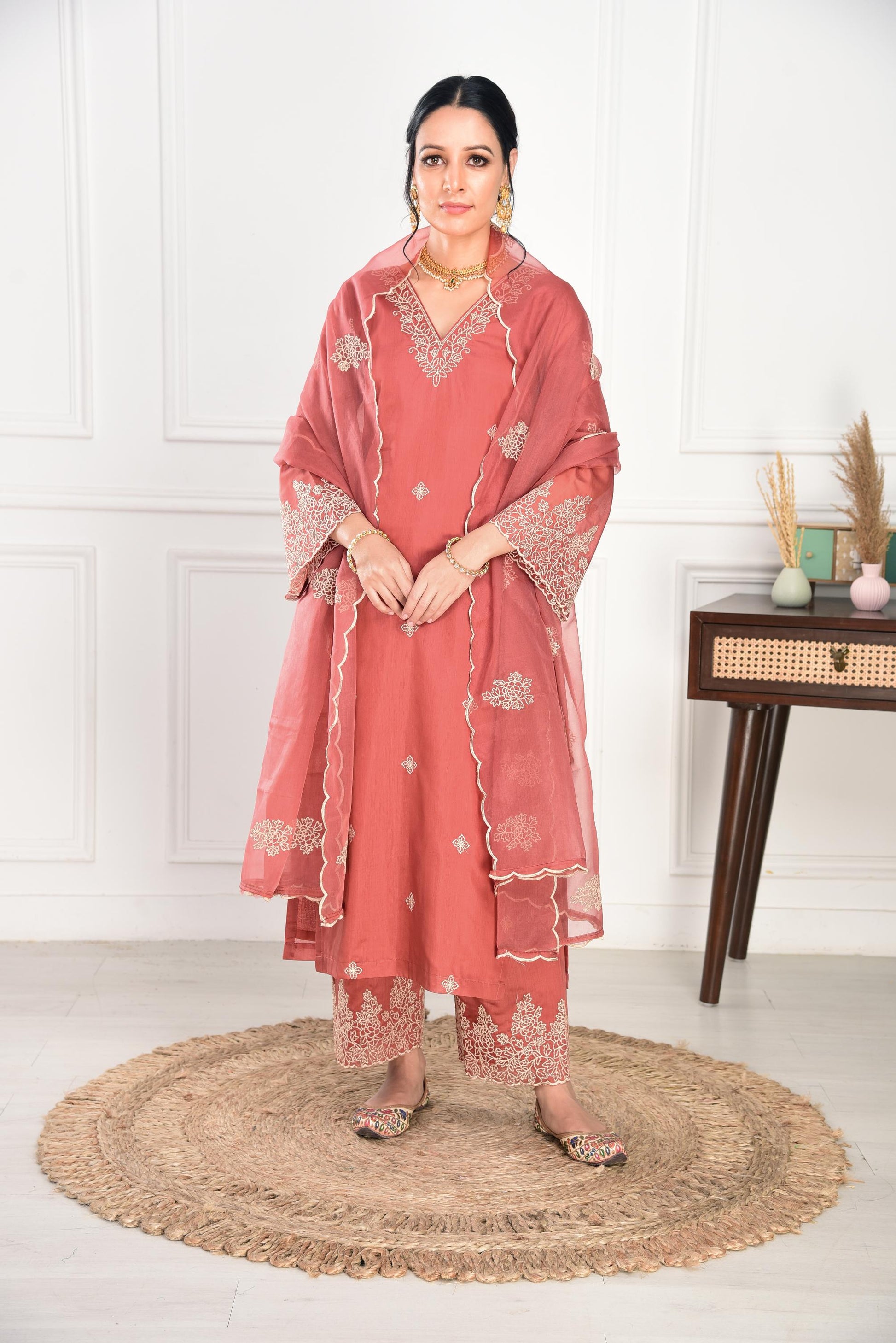 Rust Chanderi Silk Suit Set- NV