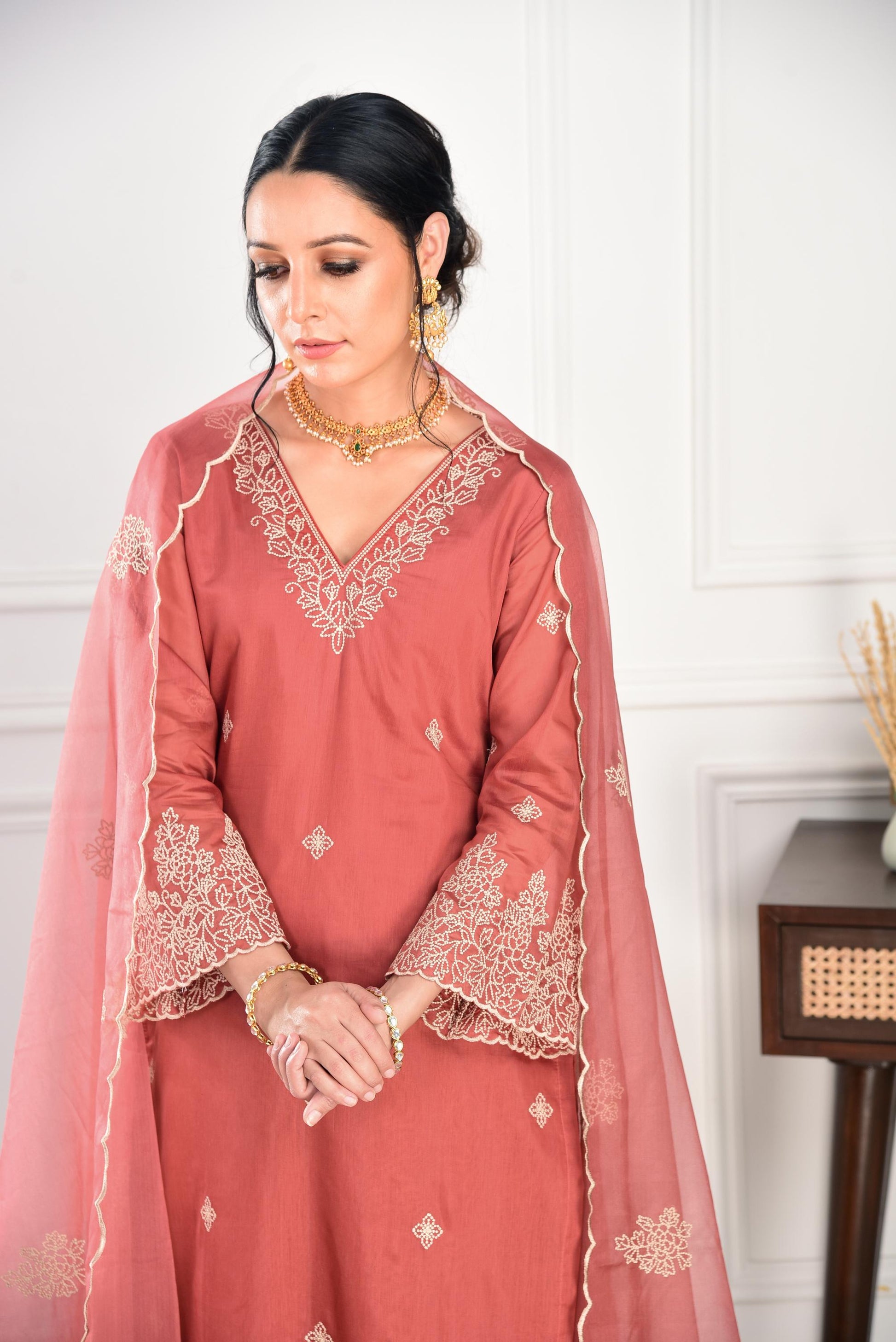 Rust Chanderi Silk Suit Set- NV