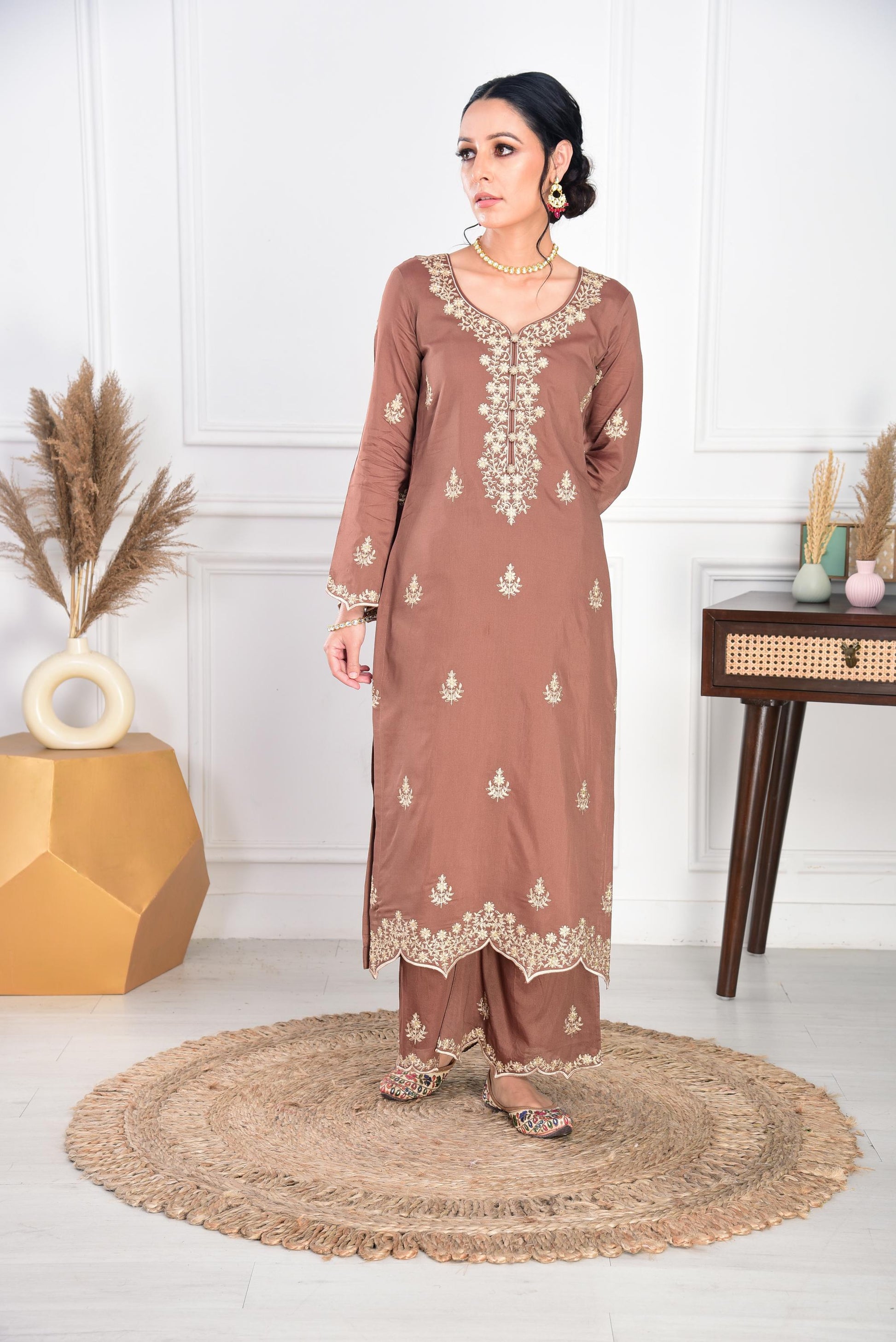 Walnut Brown Chanderi Silk Suit Set- NV