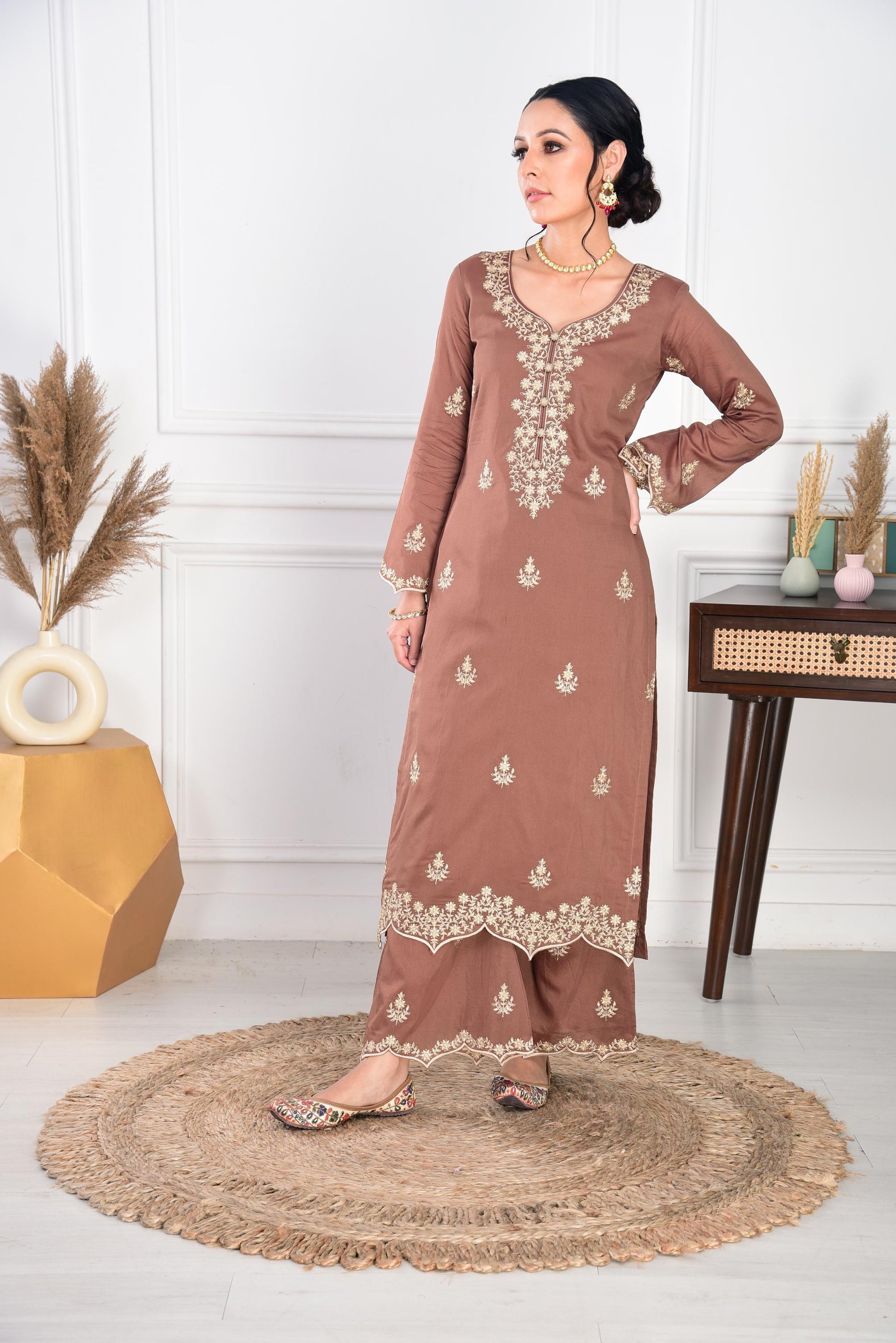Walnut Brown Chanderi Silk Suit Set- NV