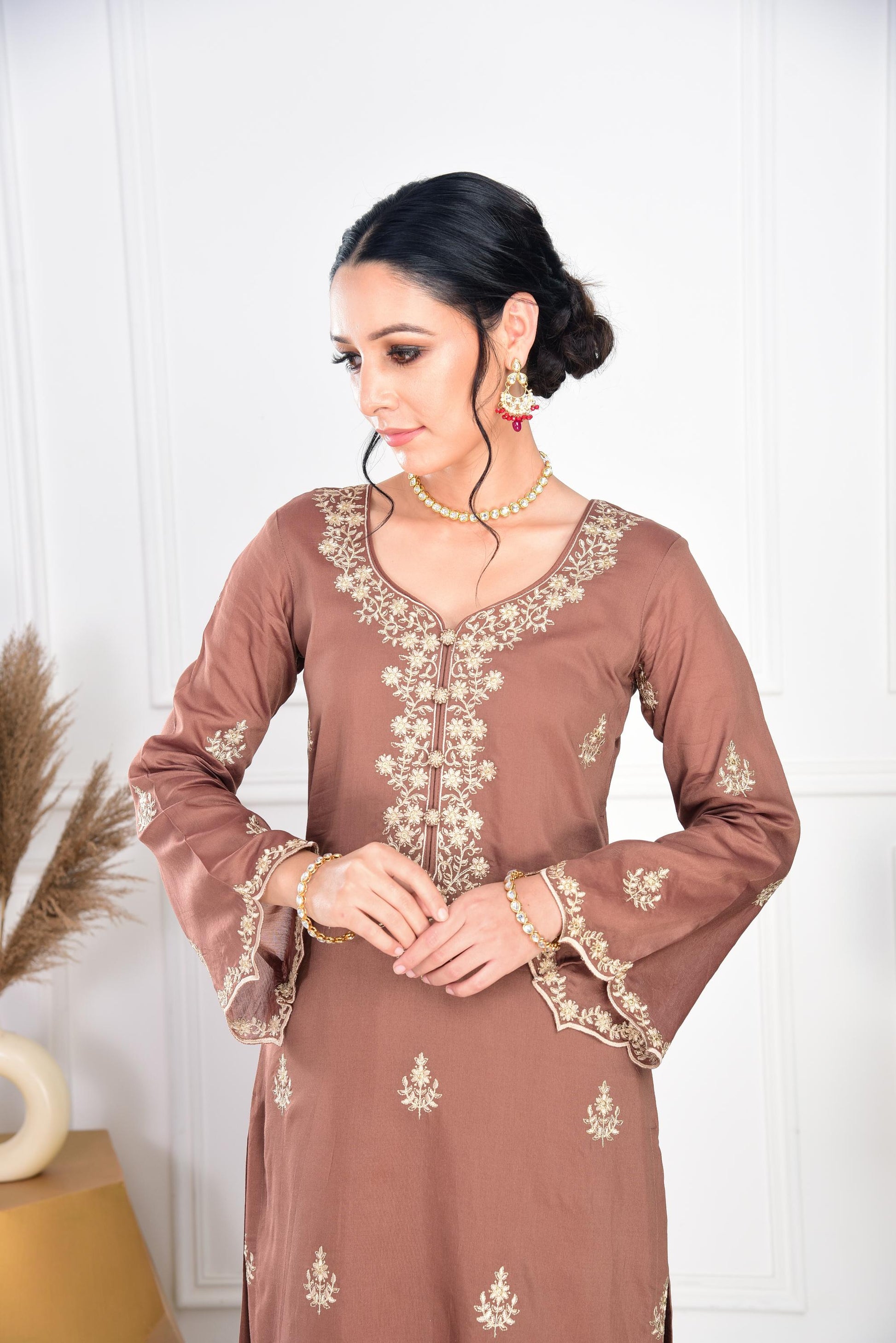 Walnut Brown Chanderi Silk Suit Set- NV