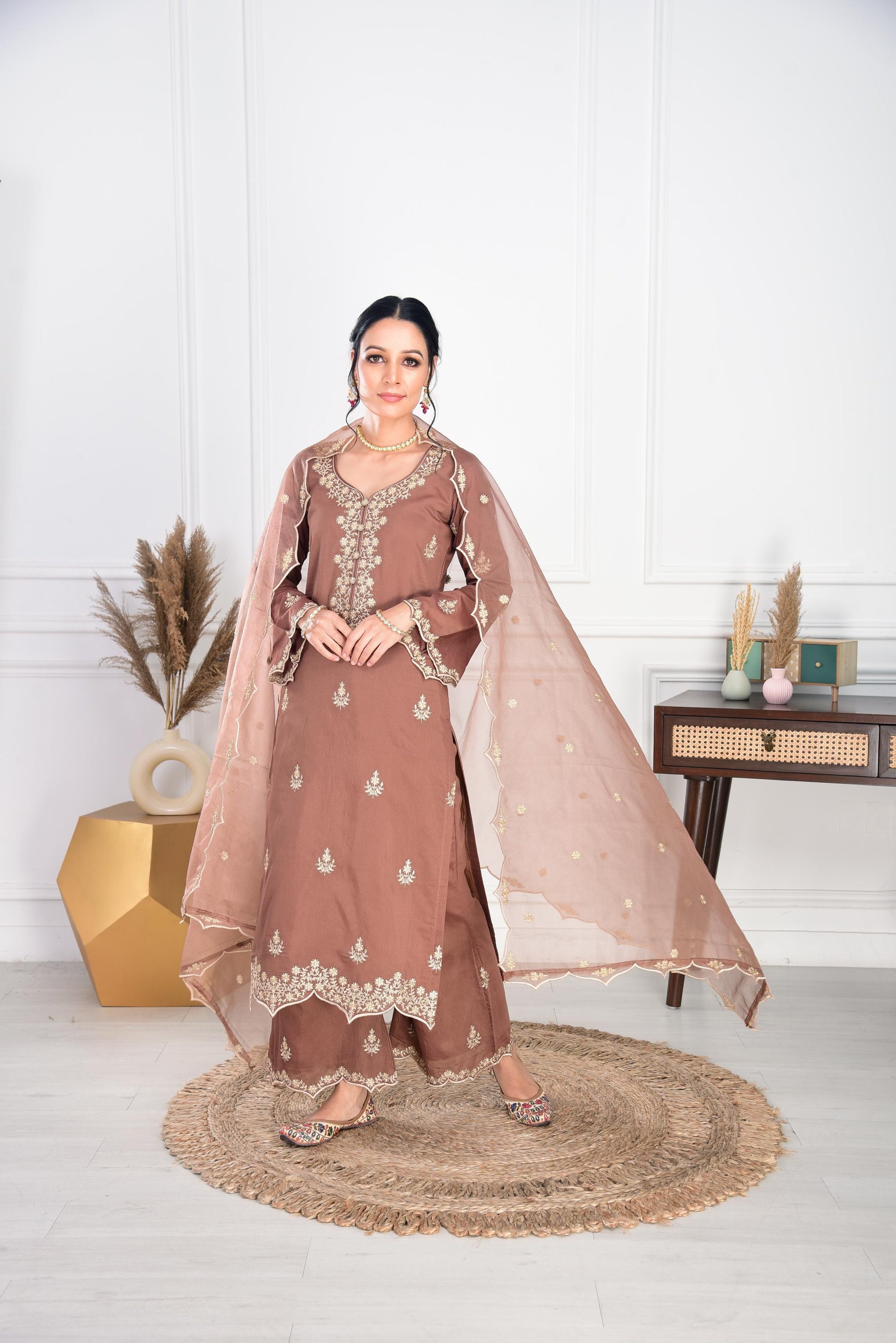 Walnut Brown Chanderi Silk Suit Set- NV