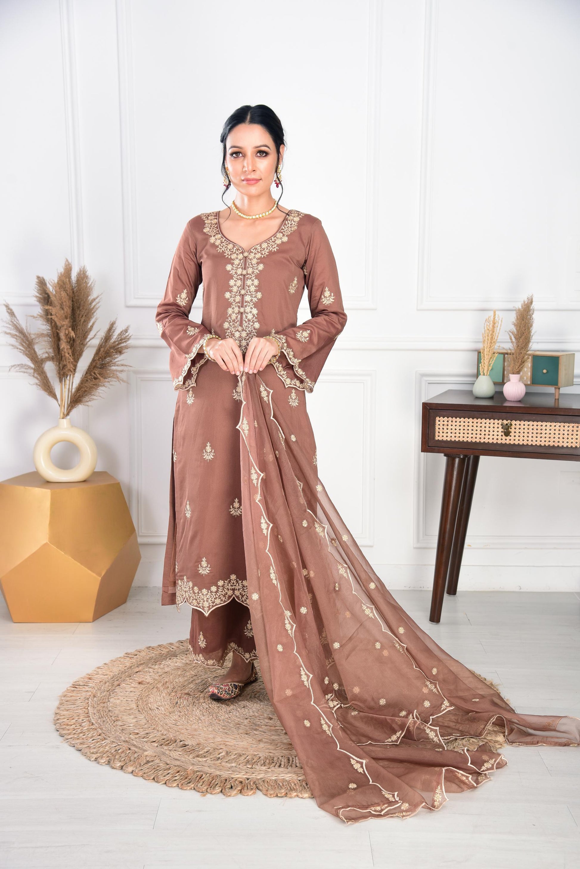 Walnut Brown Chanderi Silk Suit Set- NV
