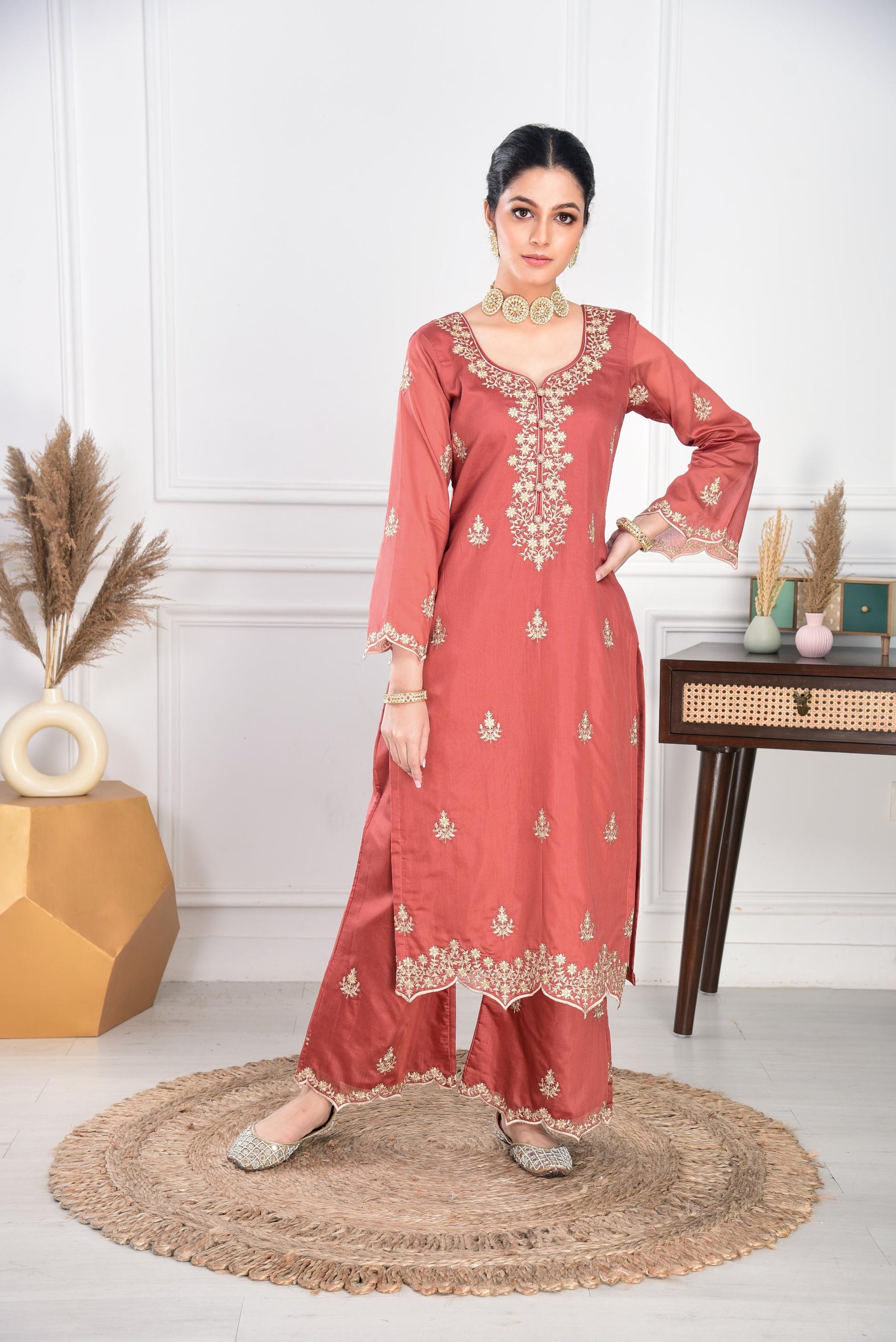 Rust Chanderi Silk Suit Set- NV